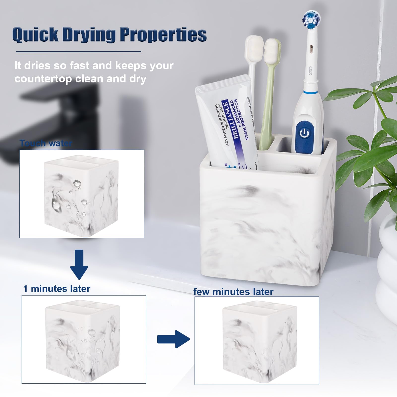 Diatomite Toothbrush Holder with 3 Slots - Electric Toothbrush & Toothpaste Organizer for Bathroom Countertop, Shower, Vanity - Marble White | Perfect for Modern Bathrooms & Spa-Like Showers
