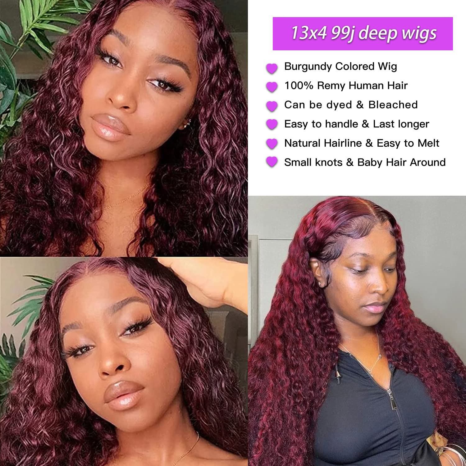 24 Inch Burgundy 99J Lace Front Wig Human Hair - 13x4 Deep Wave, 200% Density, Pre-Plucked, Glueless - Perfect for Cosplay, Parties, and Everyday Wear