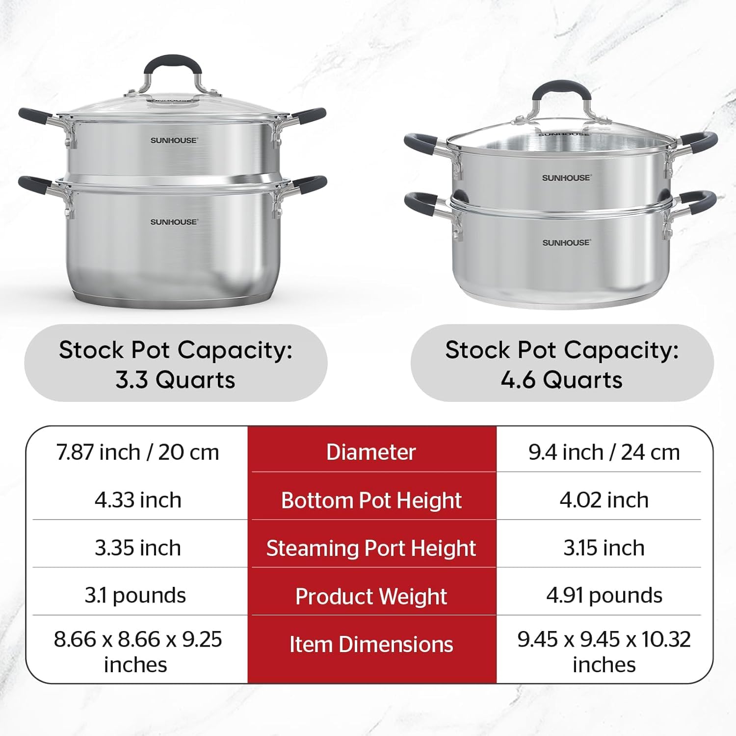 SUNHOUSE 3.3 Quart Stainless Steel Steamer Pot with Lid - 2-Tier Multipurpose Cookware for Vegetables, Dumplings, Sauces & More - Triple Bottom, Measurement Lines - Perfect for Home Cooking, Meal Prep & Healthy Eating