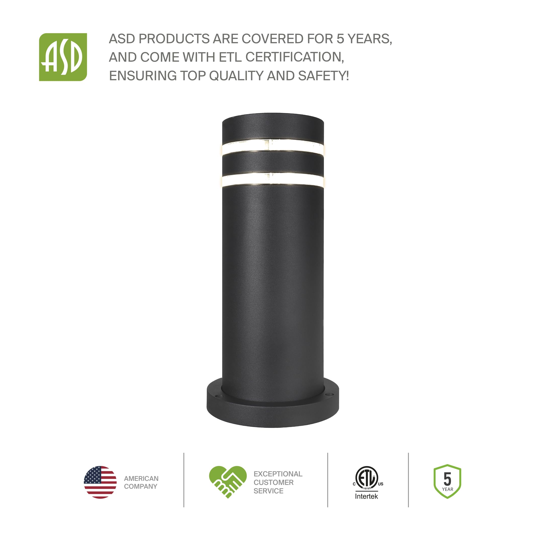 12 Inch Round Bollard Light Fixture - 60W E26 Socket 120V, Dimmable & Waterproof Outdoor Lighting - Compatible with LED/CFL/Incandescent Bulbs - ETL Listed Black Landscape Post Light for Garden, Pathway, and Driveway Illumination