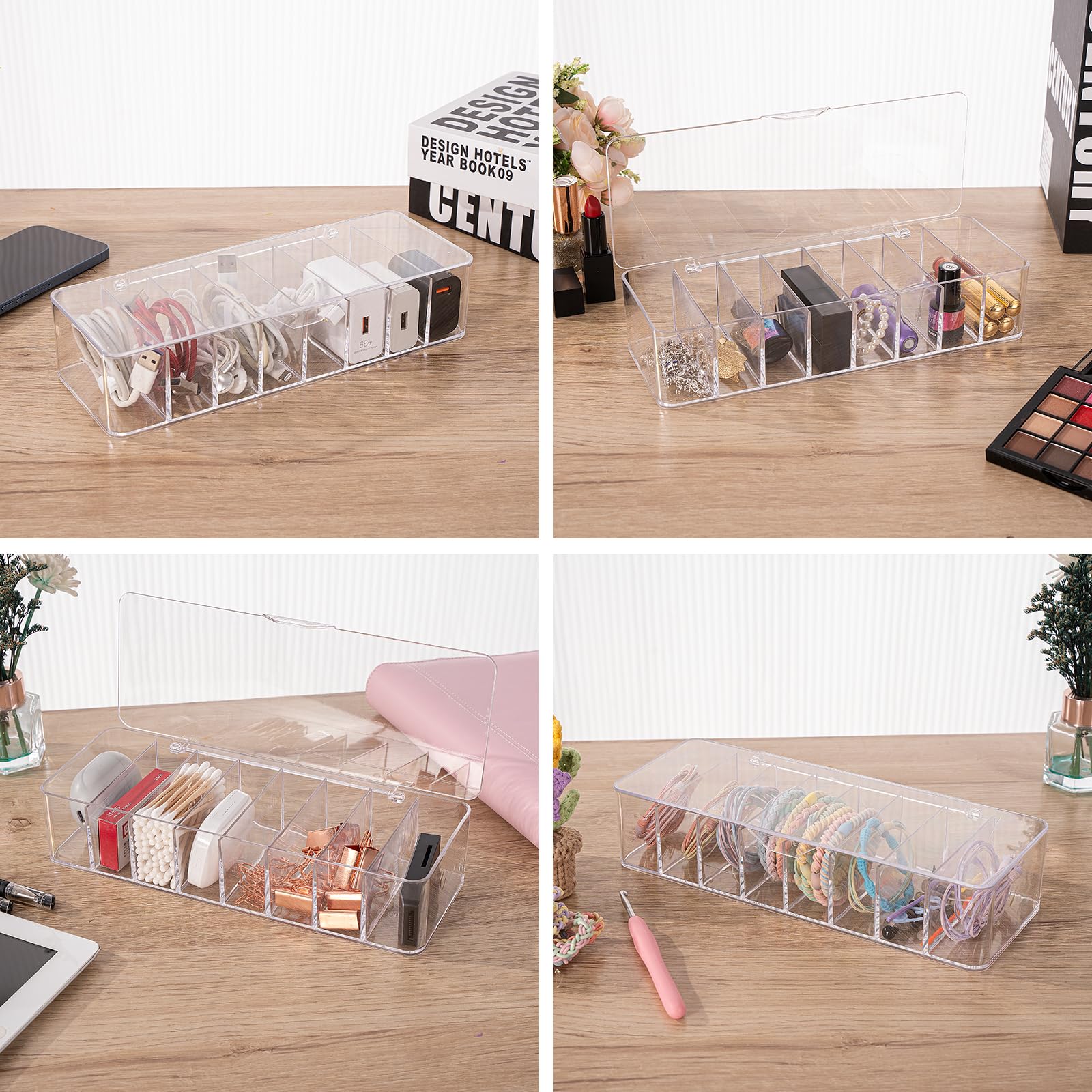 HOMEE 2-Pack Clear Plastic Cable Organizer Box with Lid - 8 Compartment Cord Storage for Chargers, Wires & Electronics - Perfect for Home, Office Drawer & Travel Organization (Cable Management Solution)
