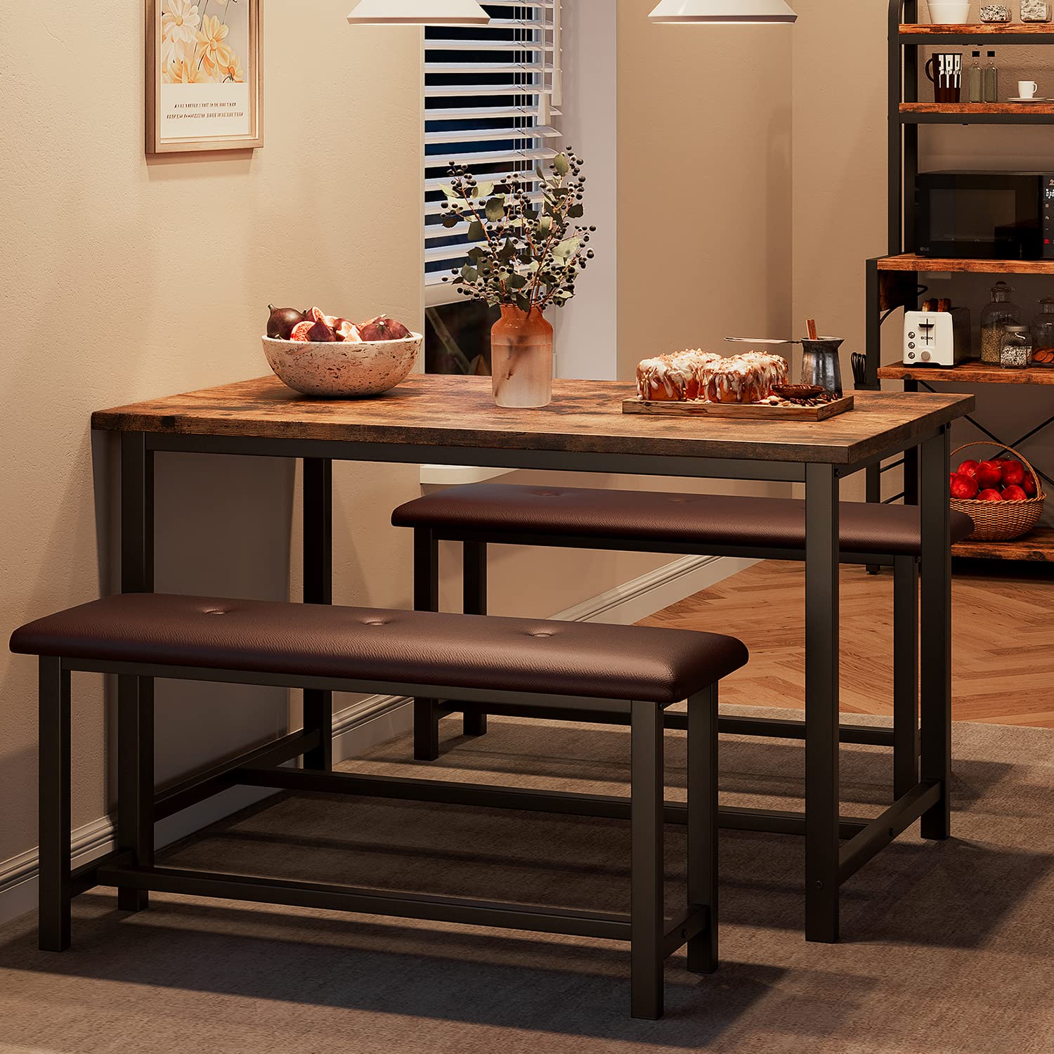 Alkmaar Retro Brown Kitchen Table Set with 2 Upholstered Benches for 4, Metal and Wood Rectangular Dining Table for Small Spaces, Apartments, Perfect for Cozy Breakfasts and Intimate Dinners