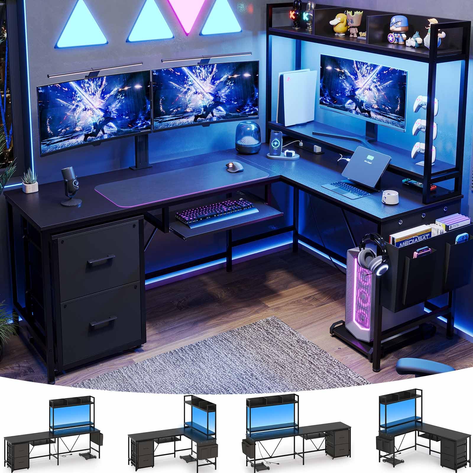 Ergonomic L-Shaped Gaming Desk with Keyboard Tray & Power Outlet - Reversible Corner Computer Desk for Home Office - Includes Mobile File Cabinet, Storage Shelves & Monitor Stand (Black, 67 Inch) - Perfect for Gaming Setups, Workstations & Small Office Spaces