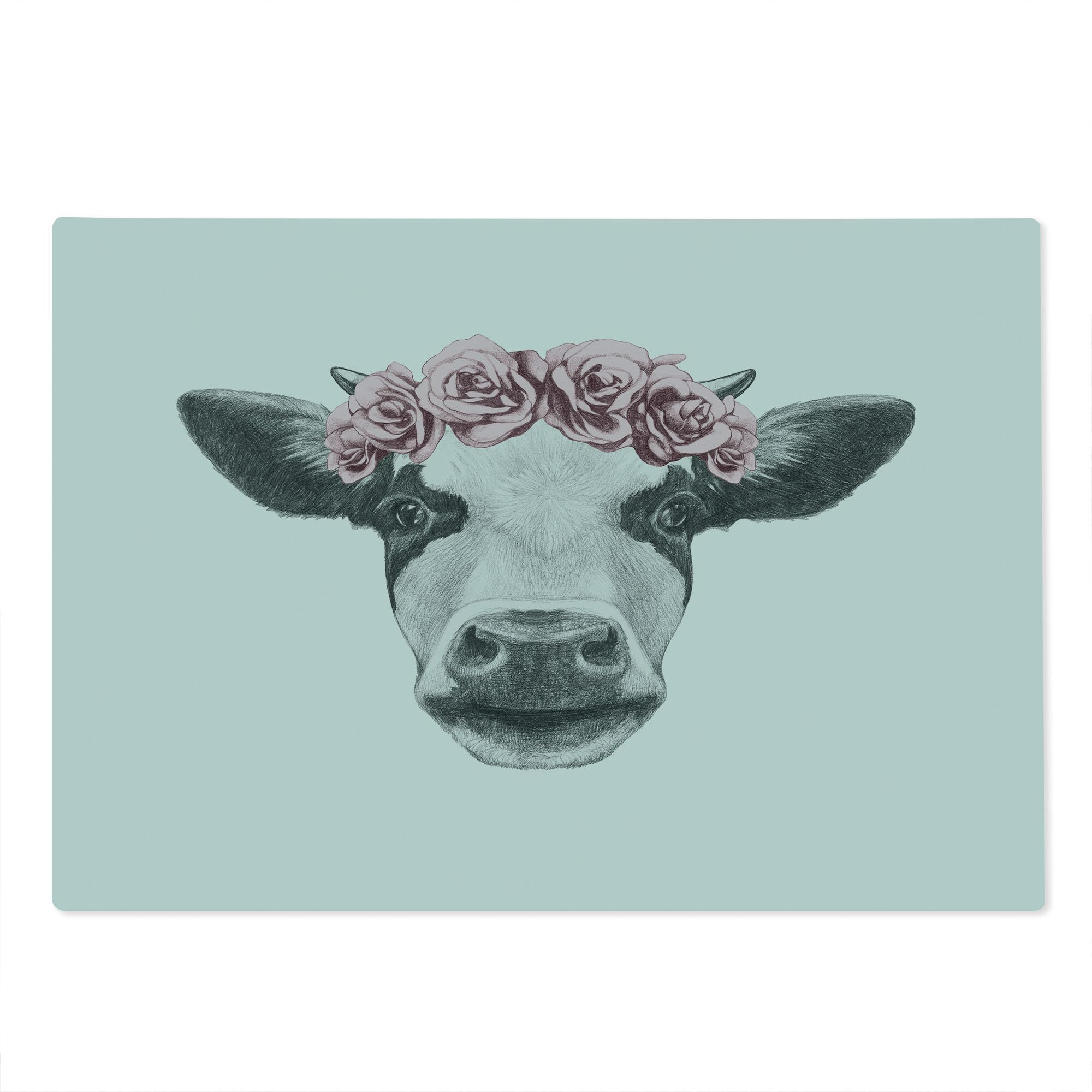 Ambesonne Farm Animal Cutting Board - Sketchy Cow Portrait with Rose Wreath - Tempered Glass Serving Board for Kitchen - Large Size in Dark Grey & Pale Rose - Perfect for Charcuterie, Cheese Display & Home Decor