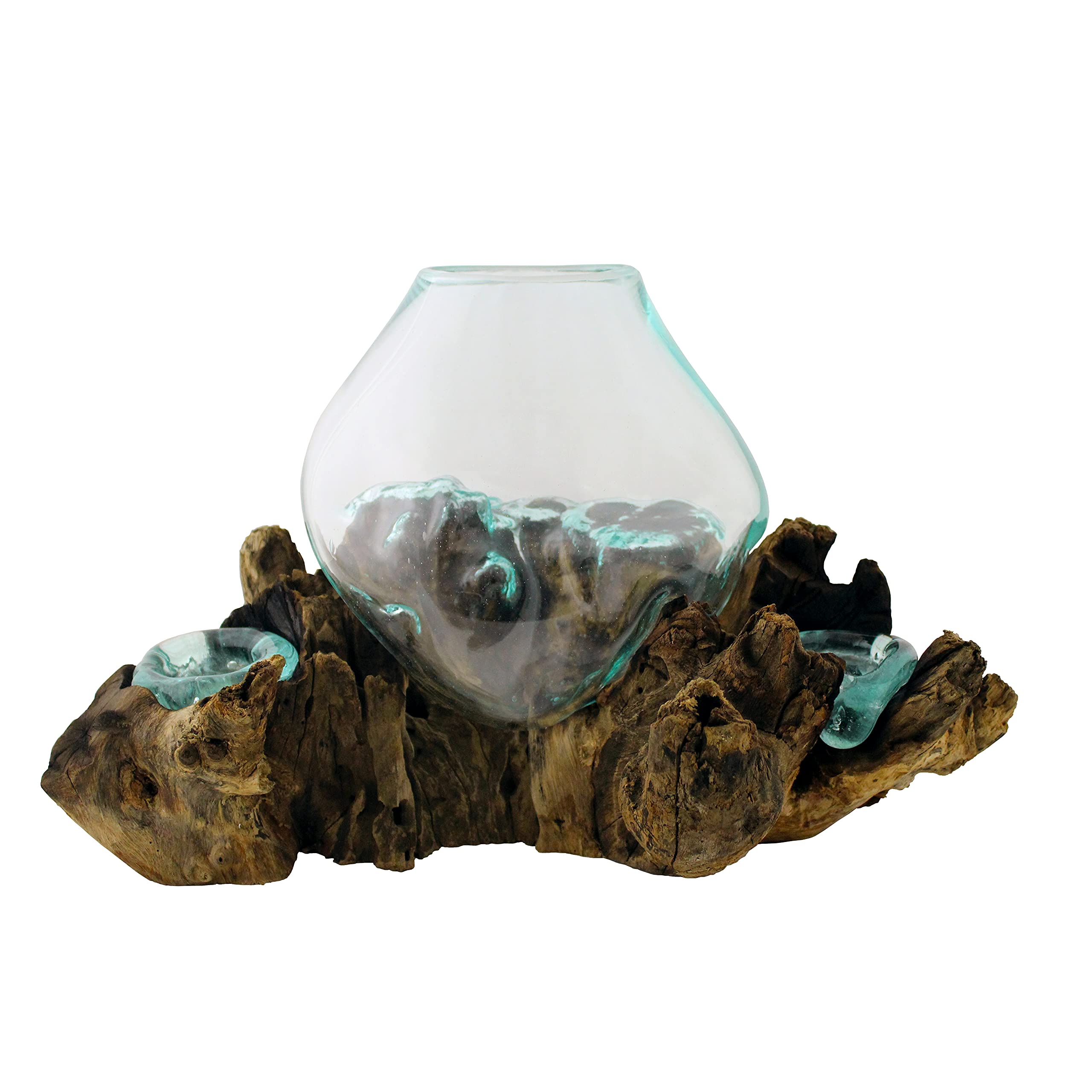 24cm Molten Glass Vessel with 2 Candle Holders - Handmade Decorative Bowl on Gamal Wood for Home Decor, Wedding Centerpiece & Gift Giving