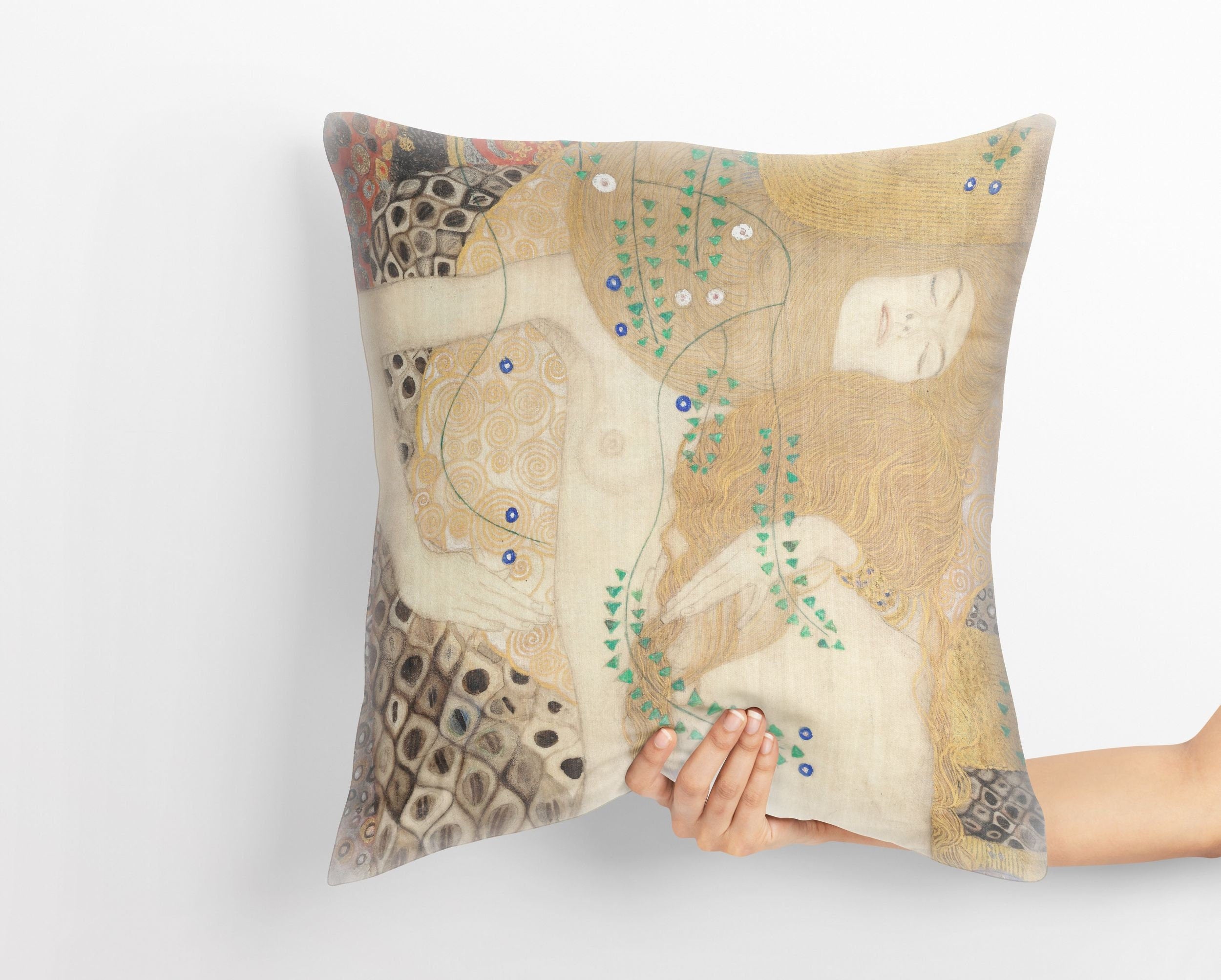Gustav Klimt Famous Art 'Friends Water Serpents' Throw Pillow - Abstract Design Soft Pillow Case in Bright Yellow - Contemporary Home Decor for Living Room, Bedroom & Office