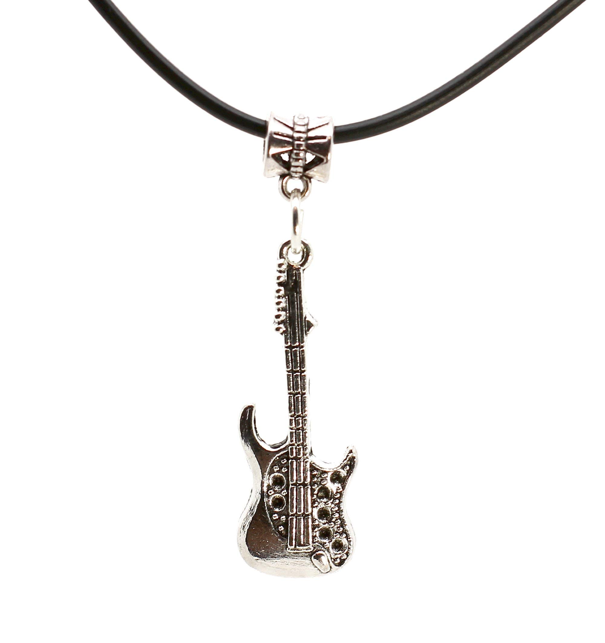 Silver Electric Guitar Pendant Necklace - Genuine Leather Cord Choker for Musicians & Rock Fans | Perfect Gift for Guitar Lovers, Stage Performances & Music Festivals