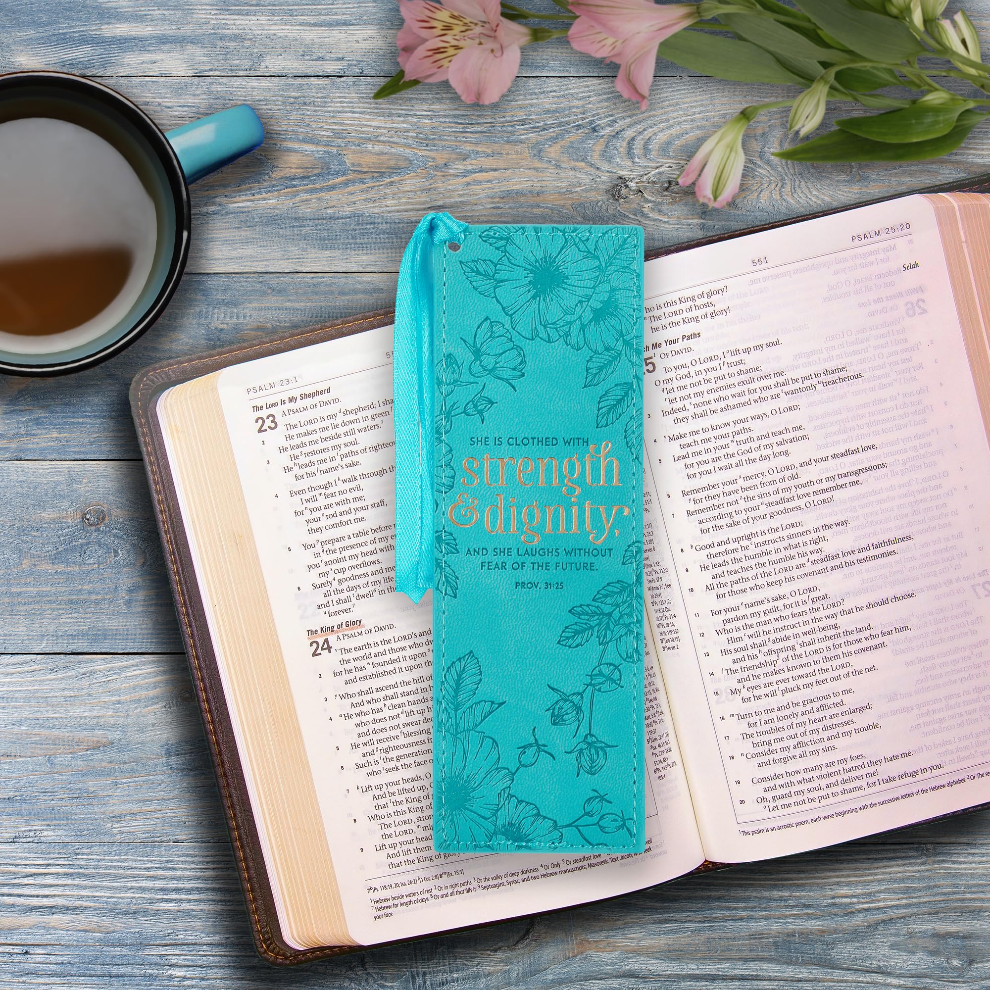 Christian Art Gifts Vegan Faux Leather Scripture Bookmark for Women - Proverbs 31:25 Inspirational Bible Verse (Strength and Dignity) | Heat-Debossed Faith-Based Reading Accessory with Tassel in Teal | Perfect for Bible Study, Church, Prayer Journals & Spiritual Gifts