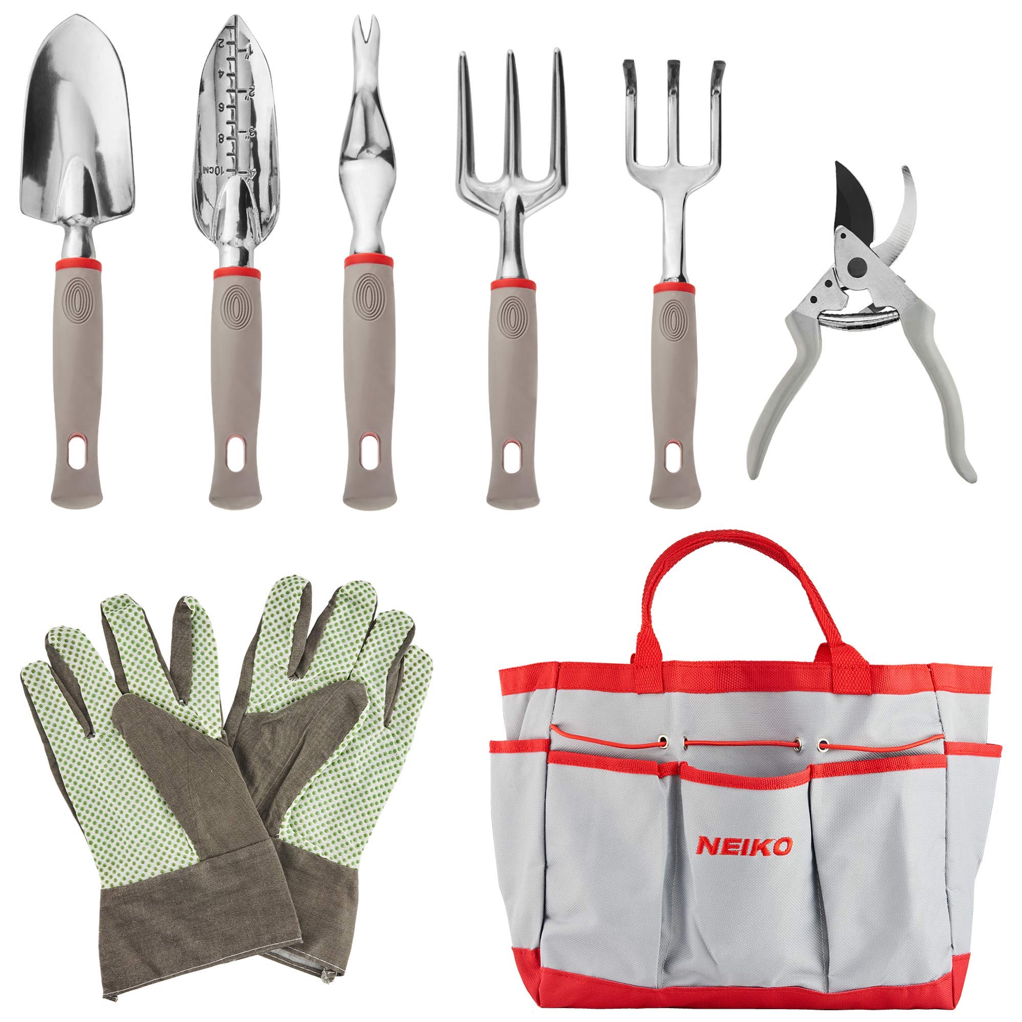 NEIKO 61090A 8-Piece Heavy Duty Garden Tool Set with Storage Bag – Durable Gardening Tools for Men & Women – Perfect for Home Planting, Weeding & Landscaping – Ideal Gift for Gardeners (Grey & Red)