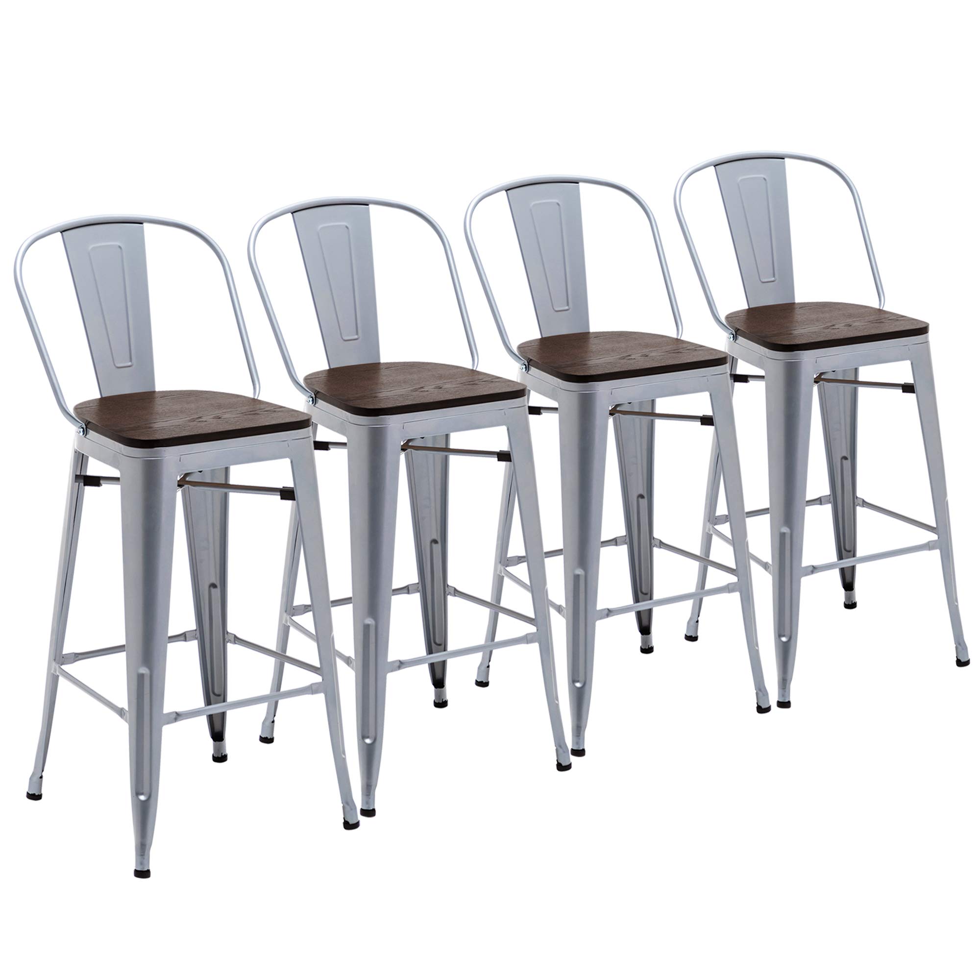 Yongchuang 30 Inch Metal Bar Stools Set of 4 - High Back Counter Height Kitchen & Dining Chairs with Wood Top, Silver - Perfect for Home Bars, Kitchen Islands & Breakfast Nooks