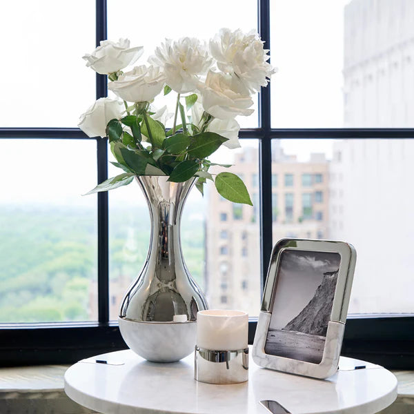 Elegant Dual Vase Set - Marble & Silver Modern Home Decor - Perfect for Living Room, Dining Table, and Wedding Centerpieces