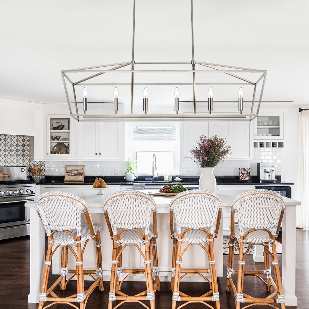 6-Lights Kitchen Island Pendant Lighting Fixture - Brushed Nickel Farmhouse Linear Chandelier with E12 Bulb Base - Perfect for Dining Room, Living Room, Pool Table and Modern Home Decor