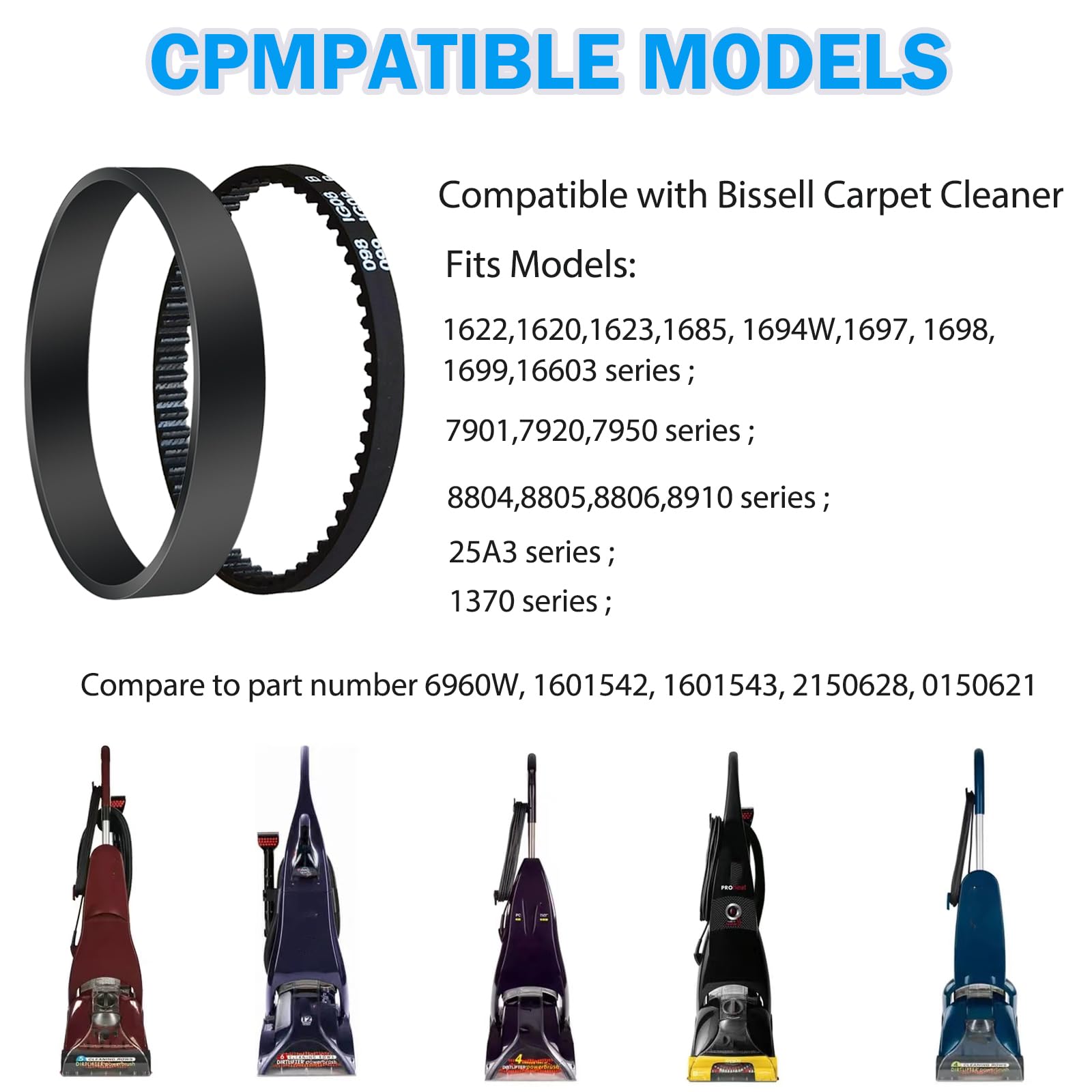 Bissell Proheat Vacuum Cleaner Belts (6960W) - Compatible with Models 1846, 1799, 1623, 1694W, 1697, 1698, 1699, 1622, 7901, 7920, 7950, 8806, 8905, 8910 Series - Replacement Parts 2150628 & 0150621 - Perfect for Deep Cleaning Carpets and Upholstery