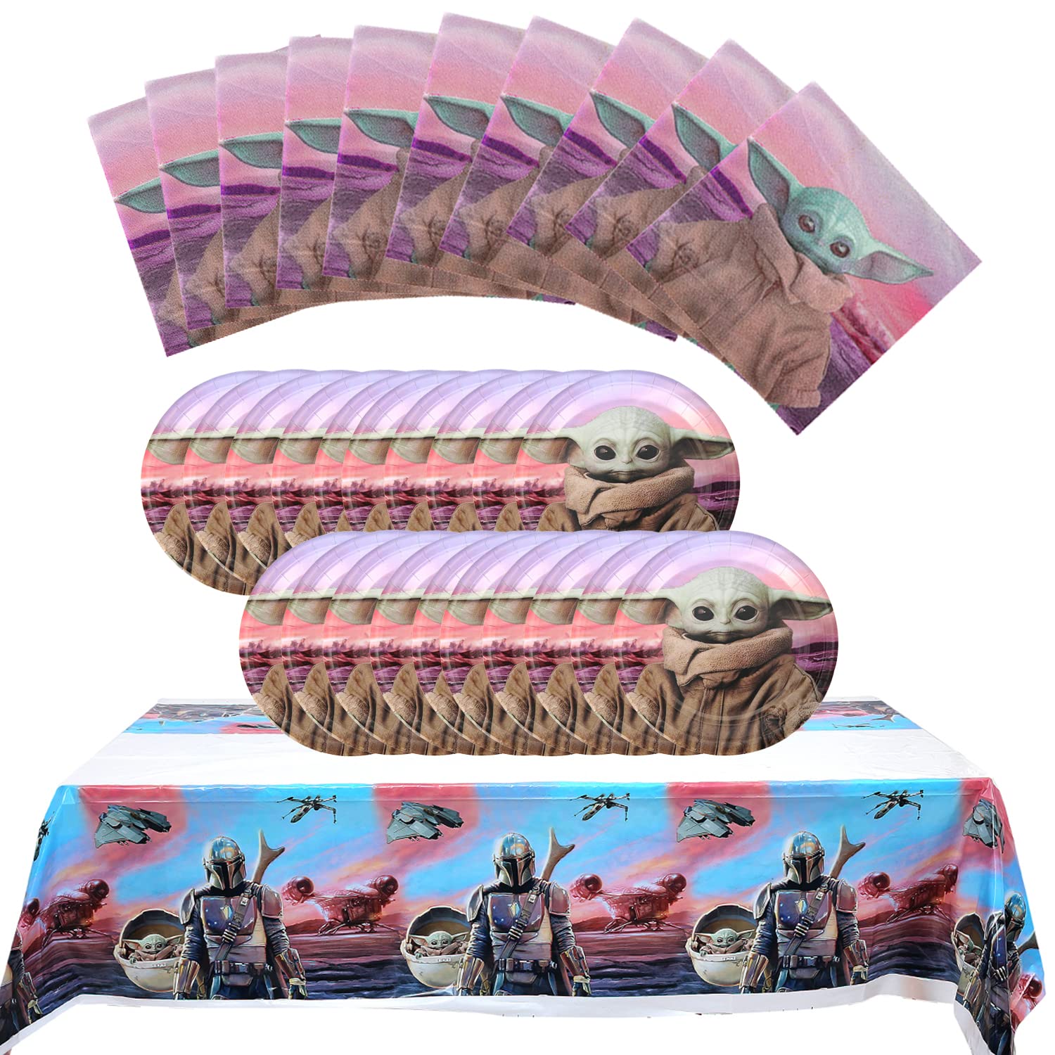 41-Piece Baby Yoda Themed Birthday Party Supplies Set - Includes 20 Napkins, 20 Plates & 1 Table Cover - Star Wars Inspired Party Decorations for Kids Birthday, Baby Shower & Themed Celebrations