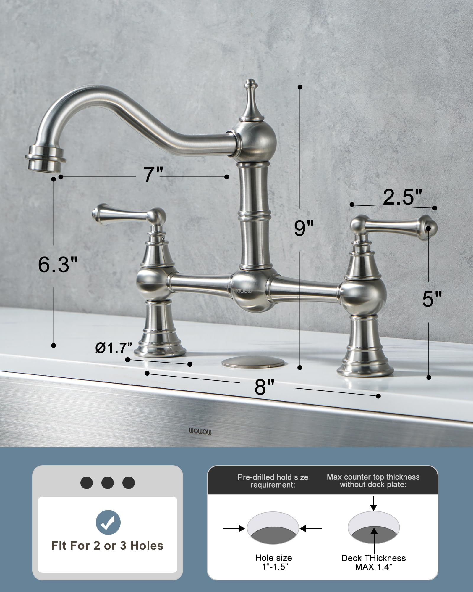 WOWOW 8-inch Centerset Deck Mount Kitchen Faucet - Solid Brass Construction, Brushed Nickel Finish - Compatible with 2 or 3 Hole Sinks - Perfect for Kitchen, RV, Laundry & Bar Use