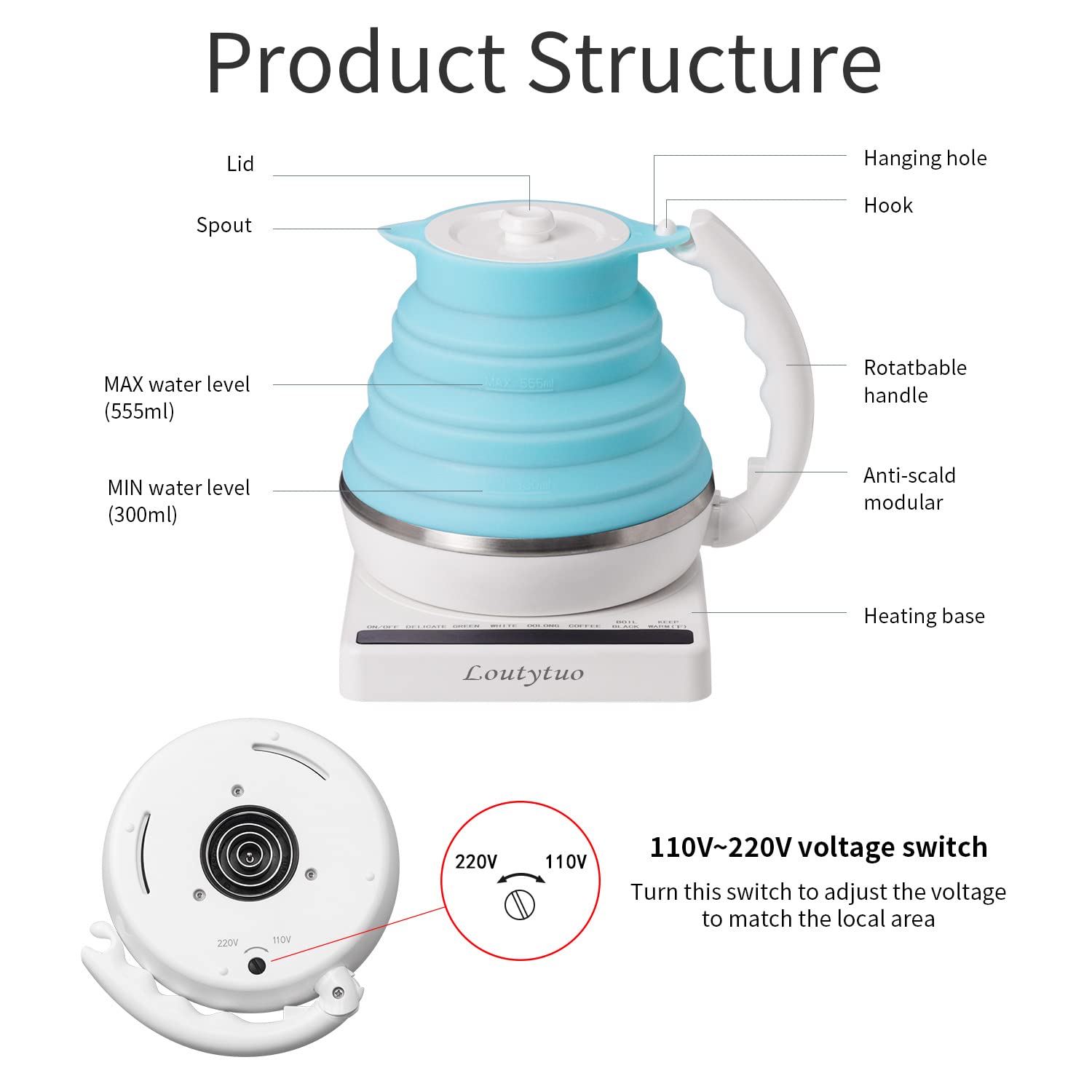 Premium Travel Electric Kettle - 555ML Ultra-Thin Food Grade Silicone, Foldable Design with Variable Temperature Control (110-220V Dual Voltage) | Auto Shutoff, Boil-Dry Protection & Keep Warm Function | Perfect for Hotels, Camping, Dorms & Office Use - US Plug