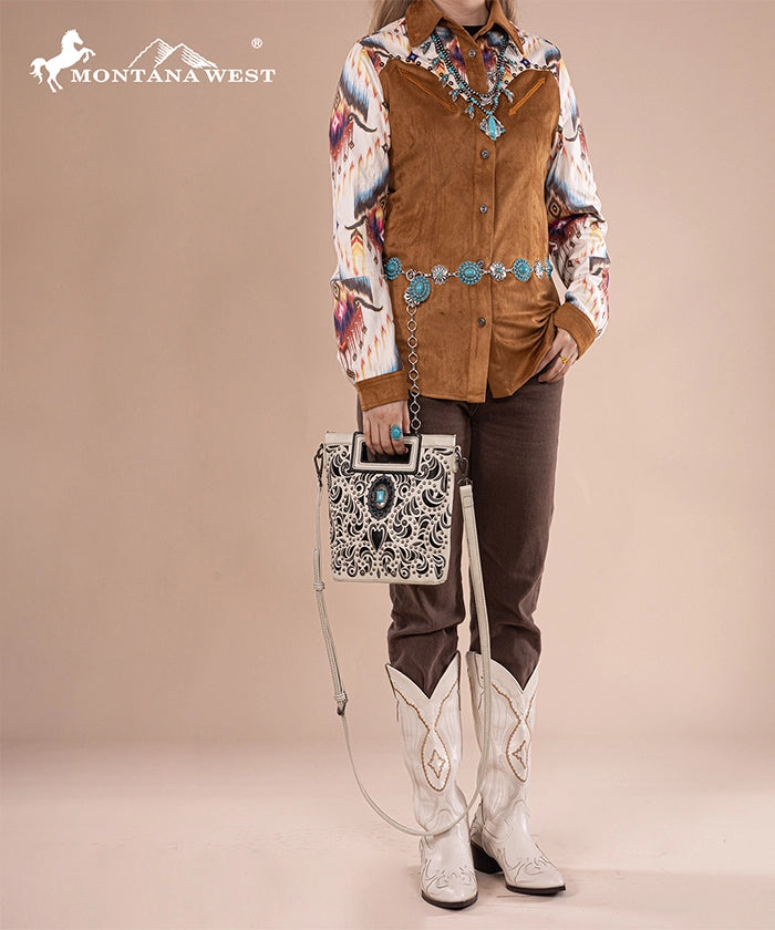 Montana West Embroidered Crossbody Bag for Women - Stylish Cut-Out Design, Perfect for Travel, Shopping & Everyday Use