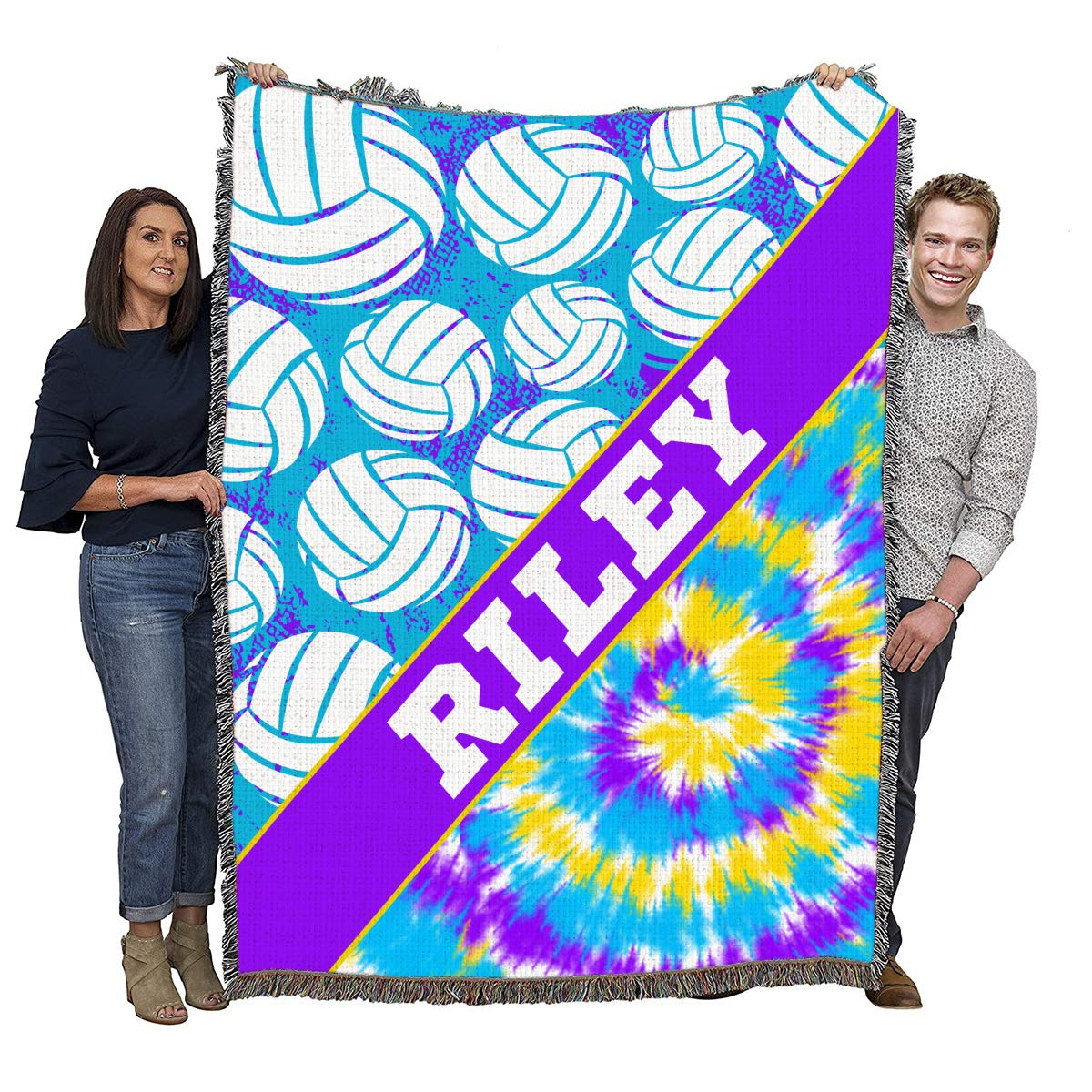 Custom Volleyball Tie Dye Woven Blanket - Personalized Cotton Throw Blanket for Sports Fans (Blue, King Size 71'' x 91'') - Perfect for Bedroom Decor, Game Day Parties & Cozy Gift Ideas