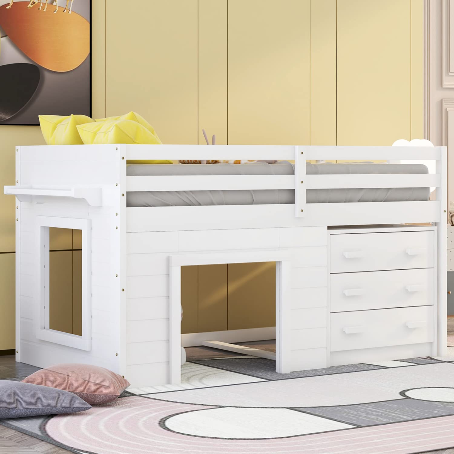 Bellemave Low Loft Twin Bed with 3 Drawers & Cabinet - Farmhouse Style Wooden Loft Bed Frame with Bedside Tray for Kids, Teens, Boys & Girls - Perfect for Small Bedrooms, Dorm Rooms & Space-Saving Kids' Rooms (White)