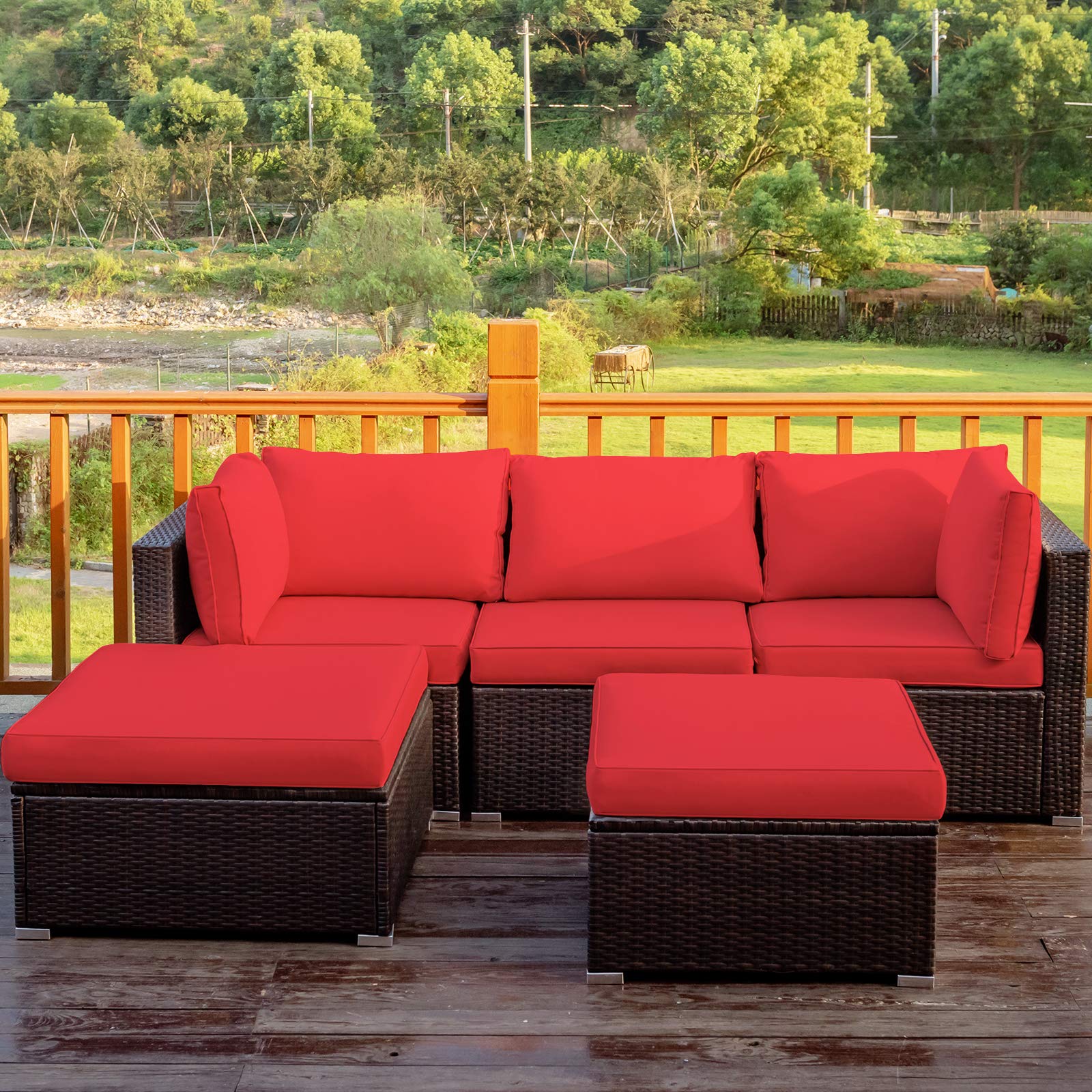 COSTWAY 5-Piece Outdoor Patio Furniture Set - PE Rattan Sectional Sofa with Cushions & 2 Ottomans, Waterproof Garden Conversation Set for Backyard, Deck, Balcony (Red) | Perfect for Outdoor Relaxation & Entertaining Guests