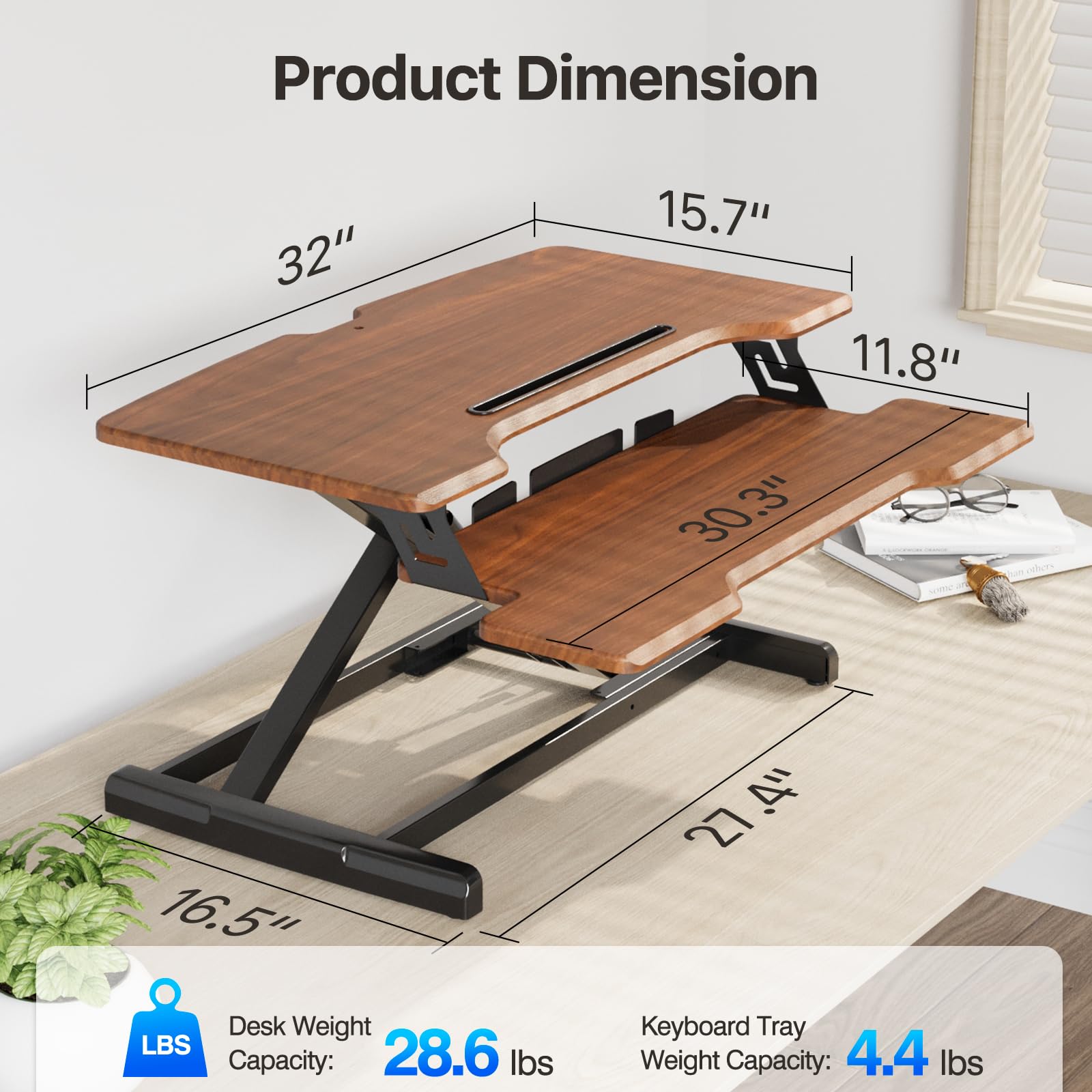 32 Inch Height Adjustable Standing Desk Converter - Sit Stand Desk Riser with Keyboard Tray for Dual Monitors | Ergonomic Home Office Workstation in Dark Wood Finish | Perfect for Remote Work & Computer Setup