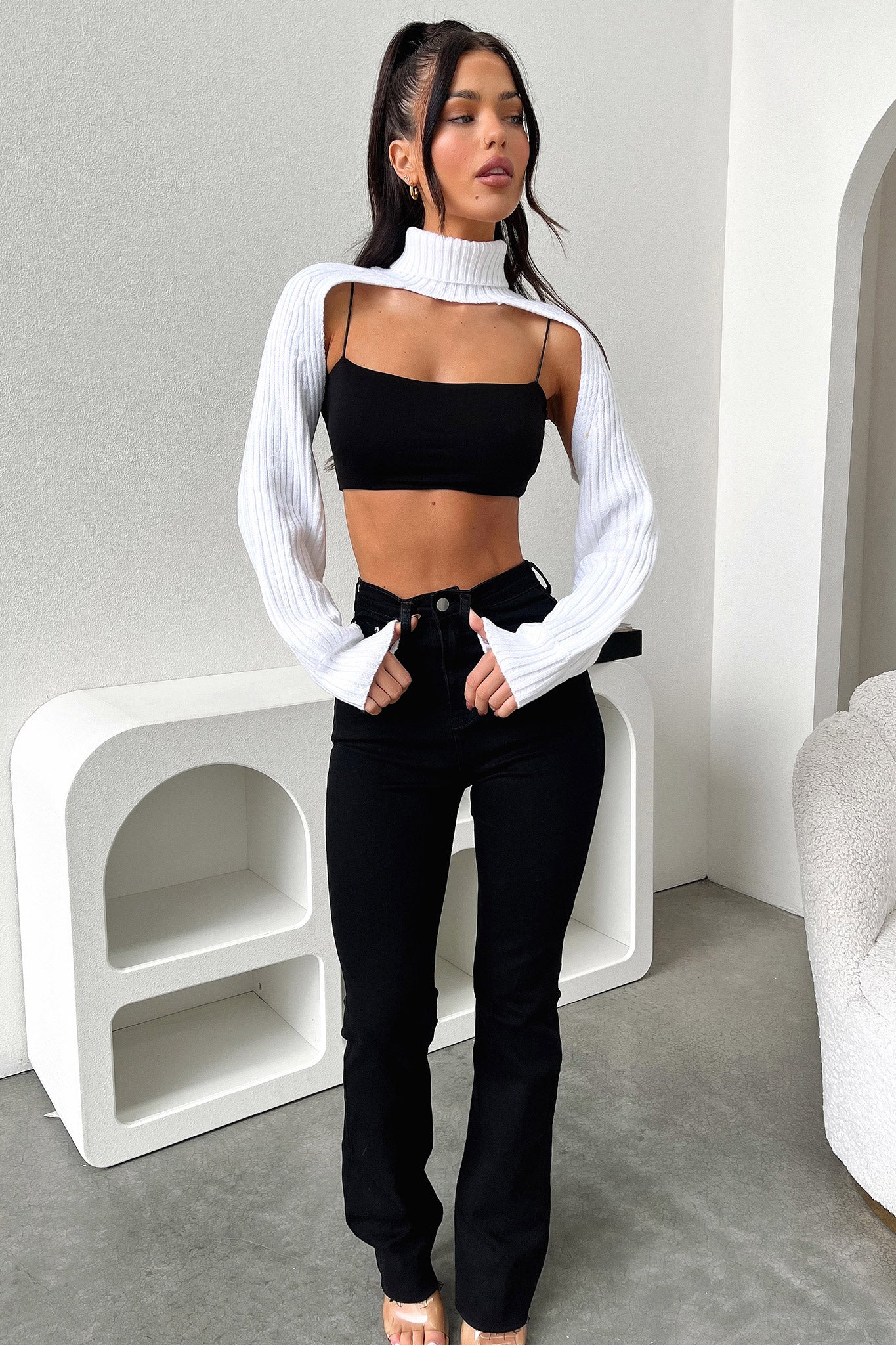 Evie Women's White Turtleneck Shrug Sweater - Cozy Knit Cardigan for Fall & Winter, Perfect for Office, Date Night & Casual Outfits