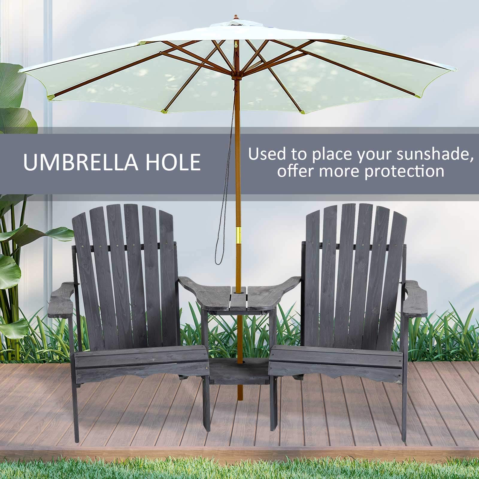Outsunny 2-Person Wooden Adirondack Chairs Set with Fire Pit Table & Umbrella Hole - Gray Outdoor Patio Furniture for Deck, Lawn, Poolside & Backyard Relaxation