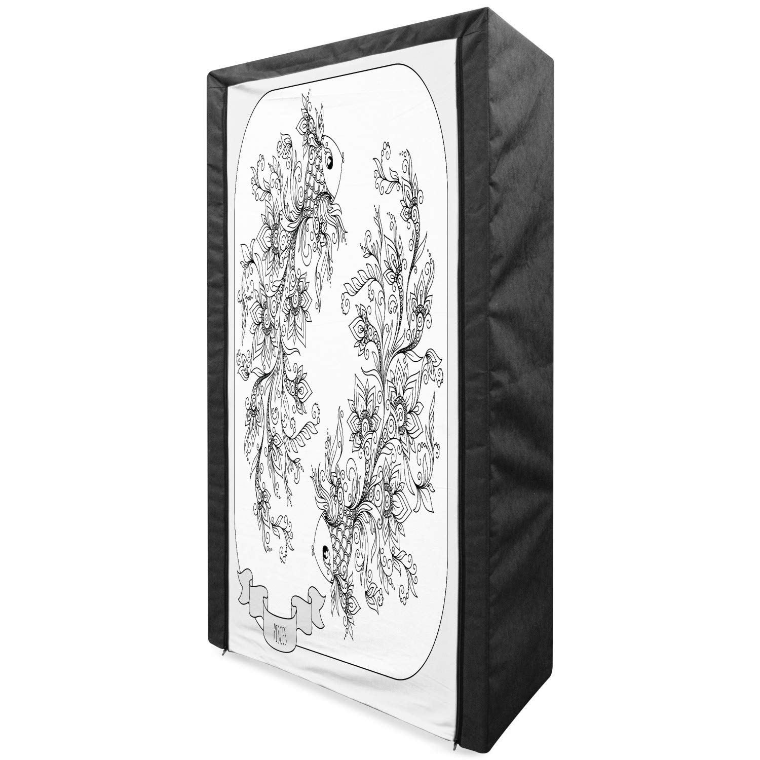 Lunarable Zodiac Pisces Portable Fabric Wardrobe - Hand Drawn Horoscope Monochrome Fishes Floral Design, 33.5 Inch Clothing Organizer with Shelves for Bedroom Storage, Pale Grey Black White | Perfect for Small Spaces, Dorm Rooms & Apartment Closets