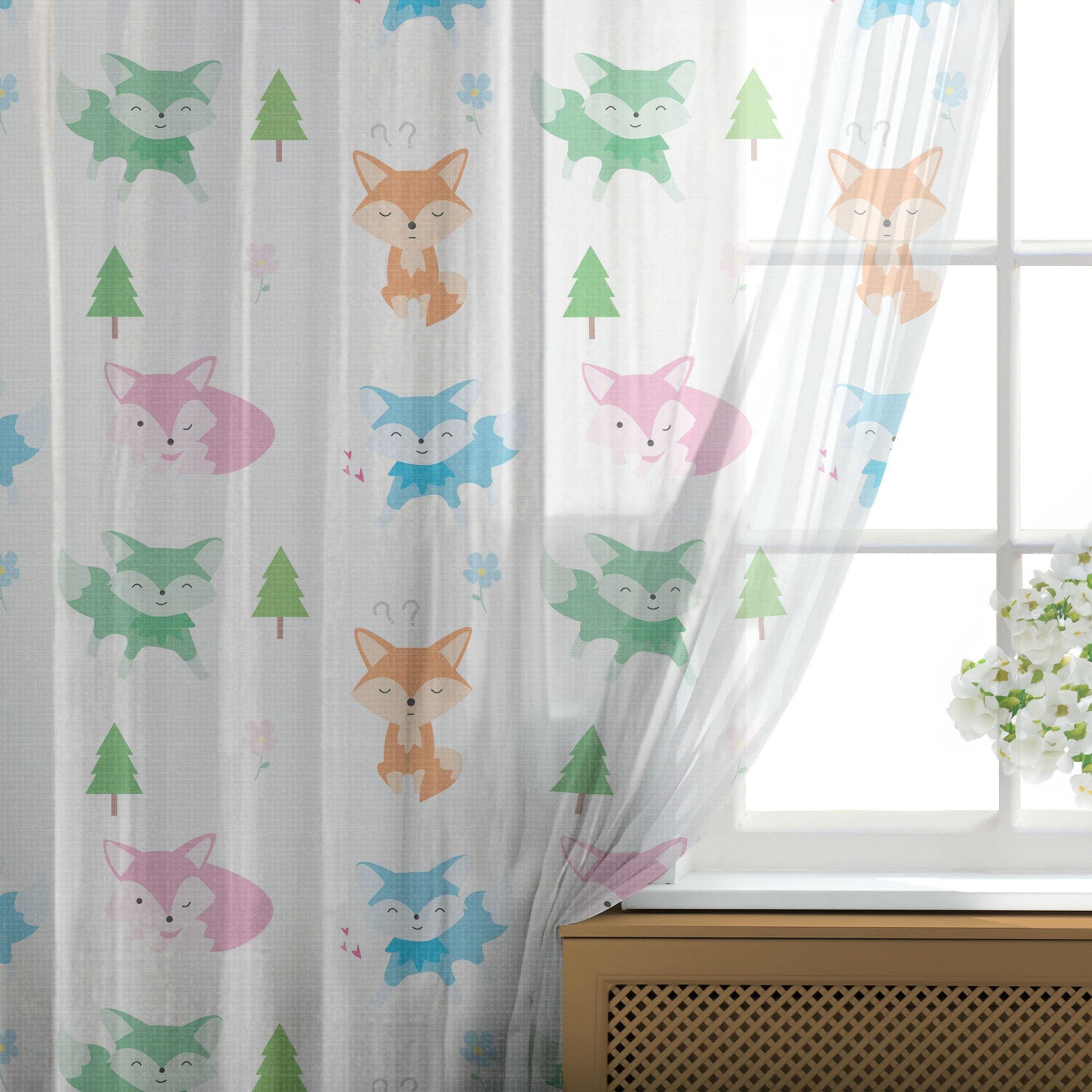 Ambesonne Fox Print Tulle Curtains with Rod Pocket - Pine Tree & Fox Cartoon Illustration Sheer Drapes for Wedding, Party, Nursery (2 Panels, 108