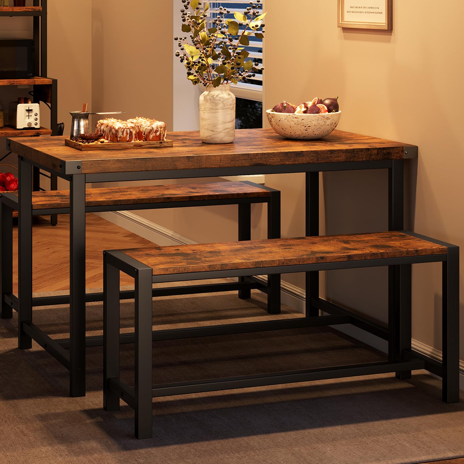 IDEALHOUSE 4-Piece Retro Brown Dining Table Set with 2 Metal Wood Benches - Space Saving Kitchen & Apartment Furniture for Small Spaces, Dinettes & Compact Dining Rooms | Perfect for Breakfast Nooks, Studio Apartments & Cozy Family Meals
