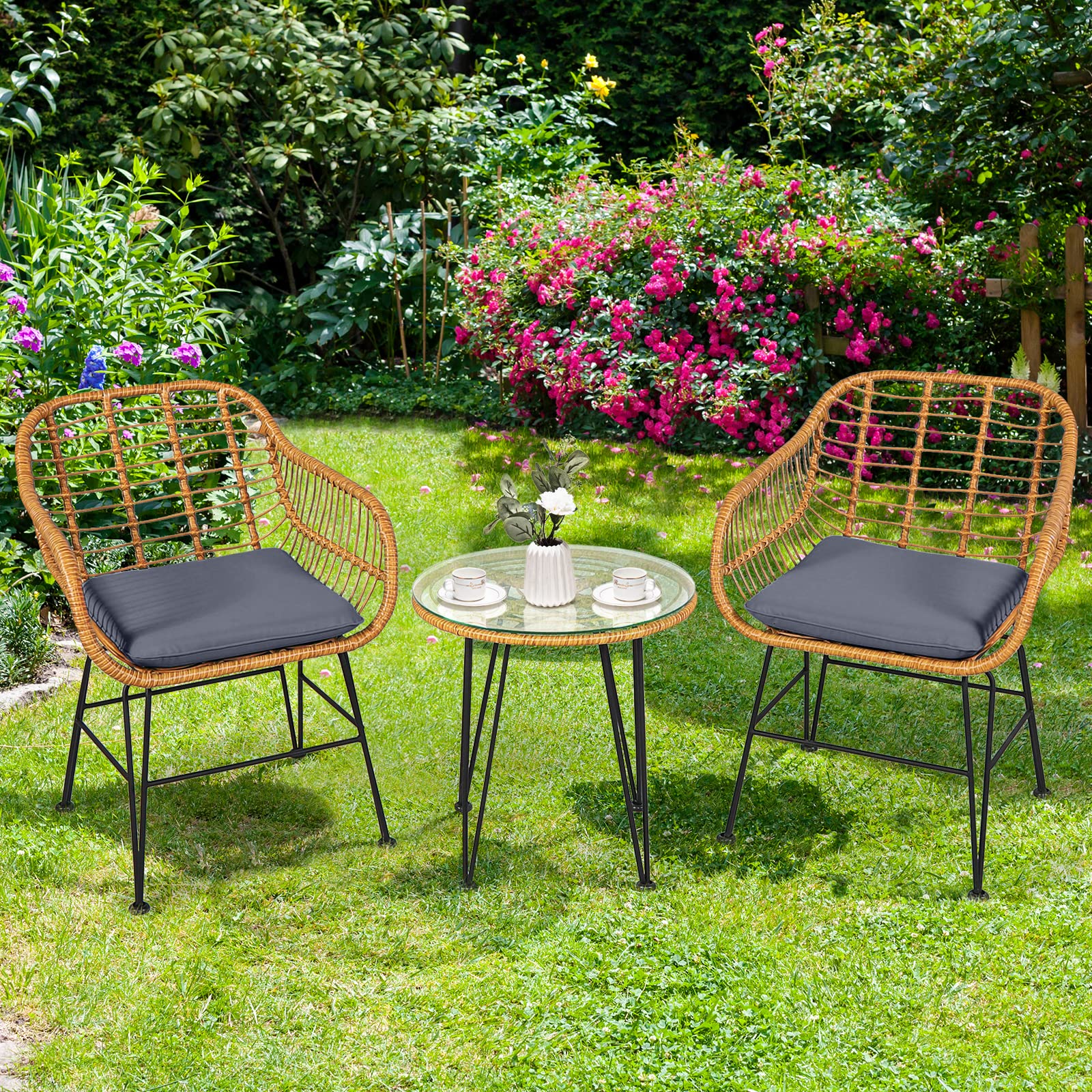 Tangkula 3-Piece Patio Bistro Set - Rattan Wicker Conversation Set with 2 Cushioned Armchairs & Round Glass Coffee Table - Indoor/Outdoor Furniture for Balcony, Backyard, Garden, Poolside - Perfect for Relaxing, Entertaining & Outdoor Dining