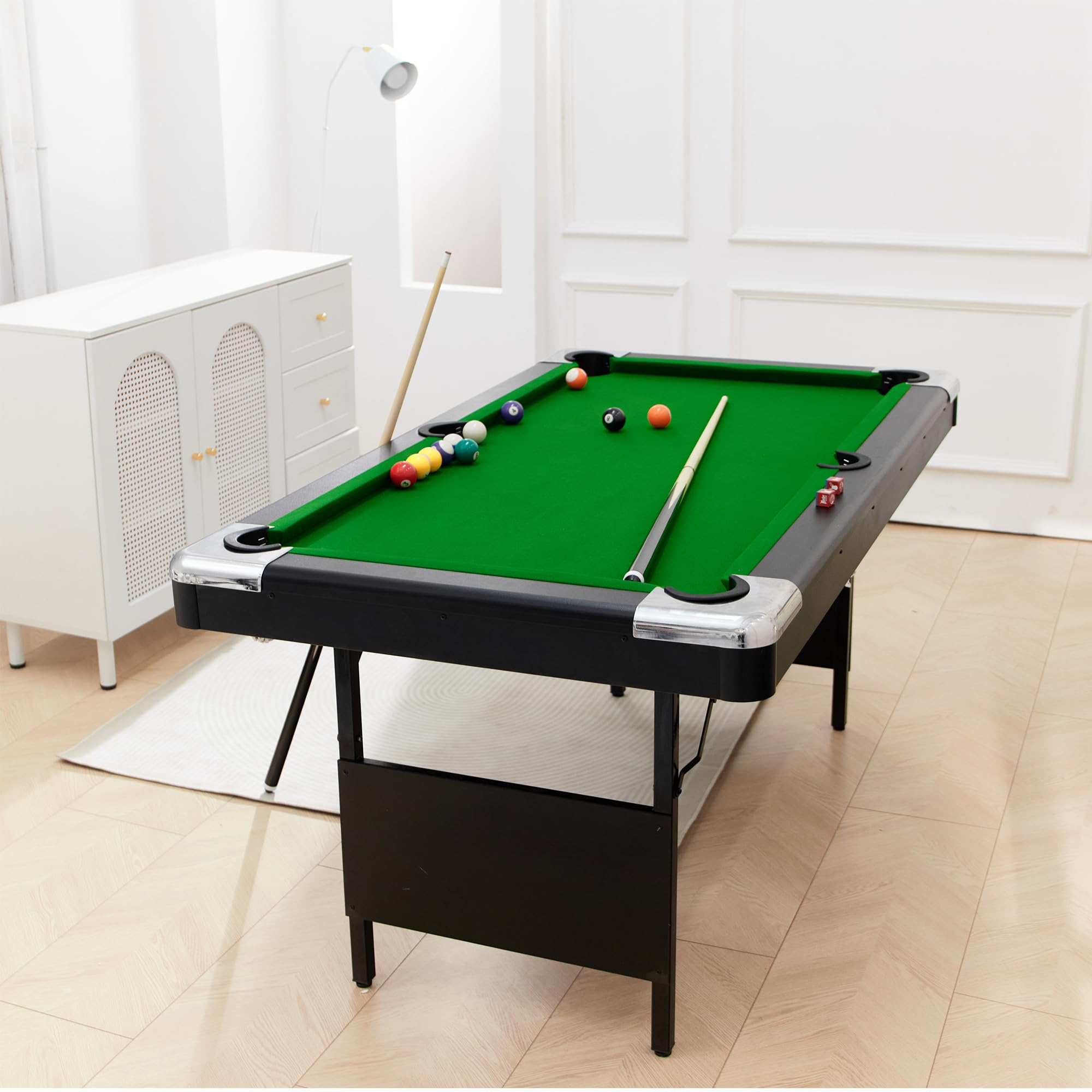 6 FT Portable Folding Pool Table - Full Set with Balls, 2 Cue Sticks, Chalk & Felt Brush | Easy Assembly Billiards Game for Adults, Teens & Kids | Perfect for Home Game Rooms, Basements & Family Fun Nights