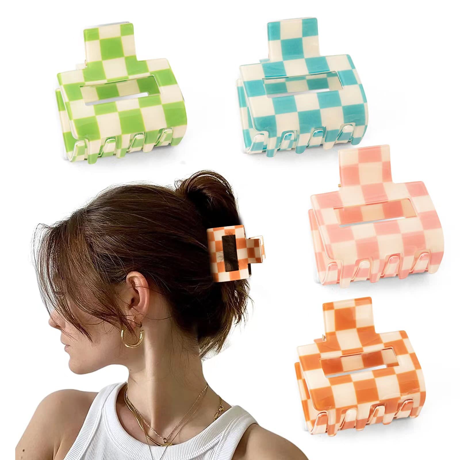 4 PCS Checkered Hair Clips for Women - Non-Slip Hair Claw Clips (1.9 x 1.9 x 1.4 inches) for Thin or Thick Hair - Y2K Aesthetic Hair Accessories Gift Set - Perfect for School, Work, Parties & Everyday Styling