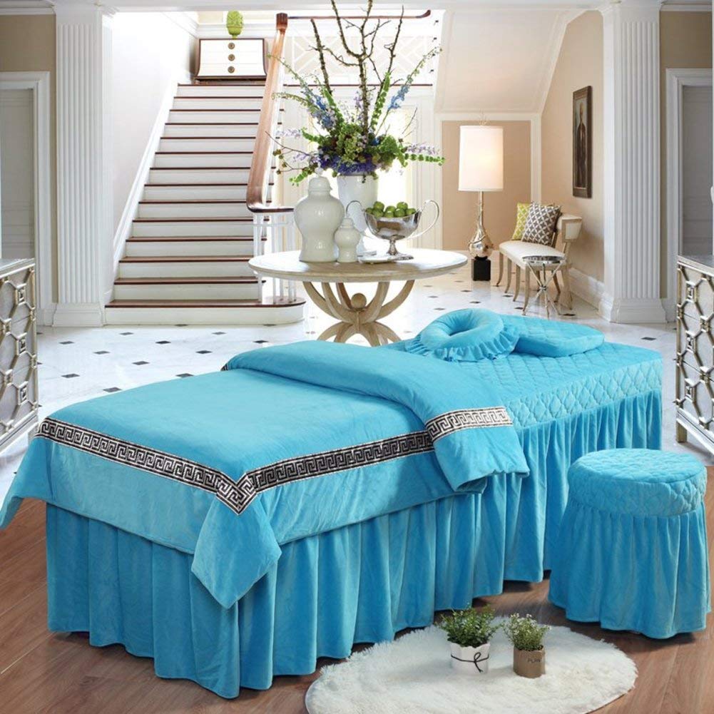 Luxury European Style Velvet Massage Table Sheets Set - 4-Piece Spa Bed Cover with Face Hole (80x190cm/31x75in) - Soft Plush Beauty Bedding for Professional Massage & Facial Treatments - Blue