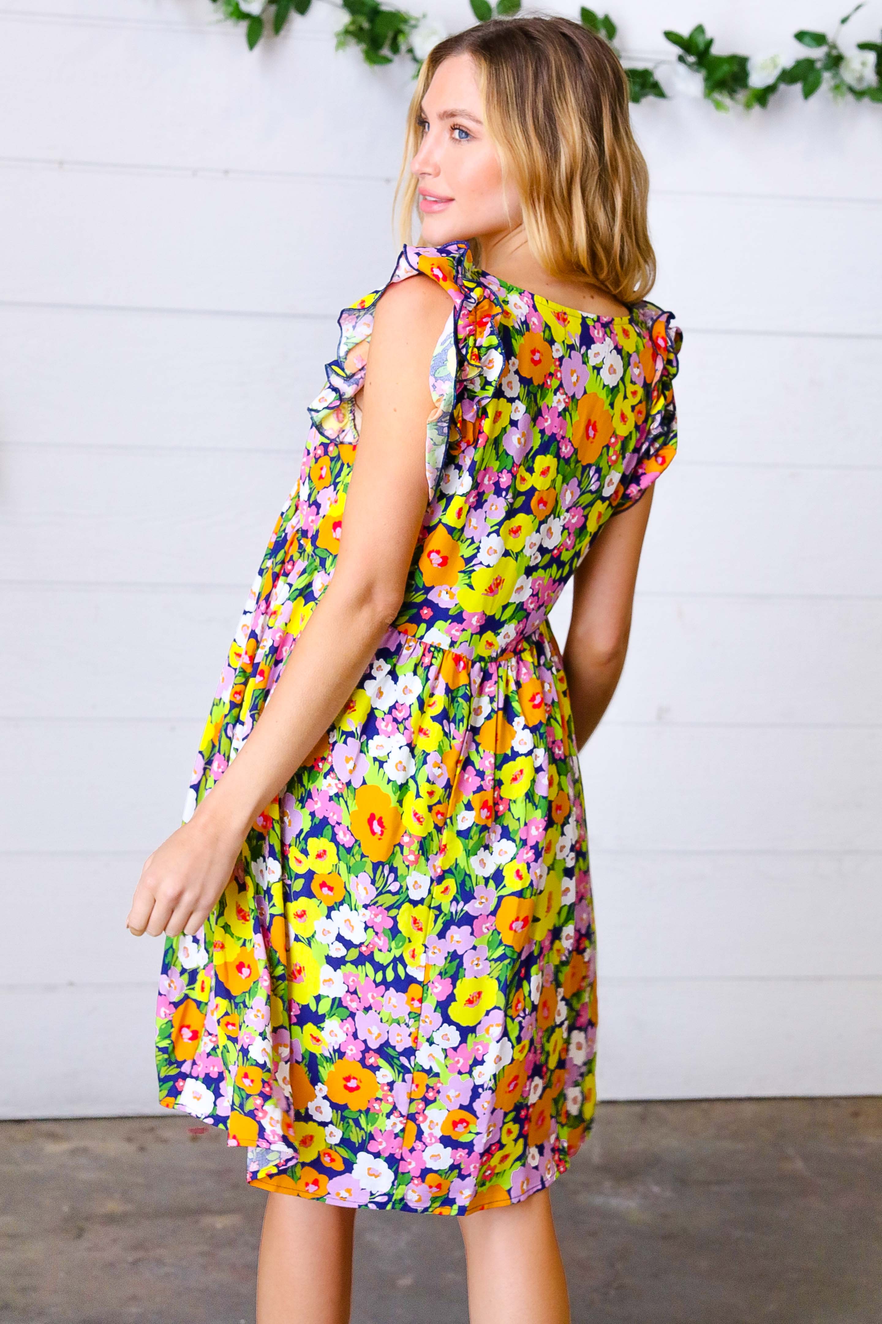 Indigo & Lemon Floral Babydoll Ruffle Dress for Women - Summer Party, Beach Vacation & Date Night Outfit
