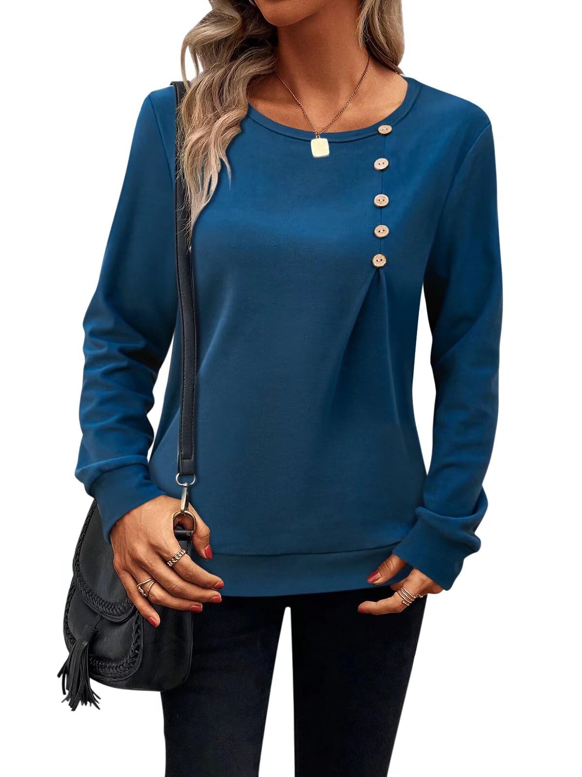 Women's Casual Long Sleeve Crewneck Henley Shirt - Loose Fit Pullover Tunic Top for Fall | Comfortable Everyday Wear, Layering Essential & Office Outfits