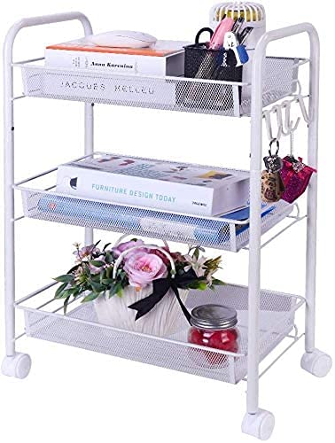 HTLLT 3-Tier Mesh Wire Rolling Cart with Lockable Wheels - Multifunctional Metal Utility Organizer for Kitchen, Bathroom, Office & Bedroom Storage - Perfect for Organizing Cleaning Supplies, Bath Essentials, Office Files & Bedroom Accessories