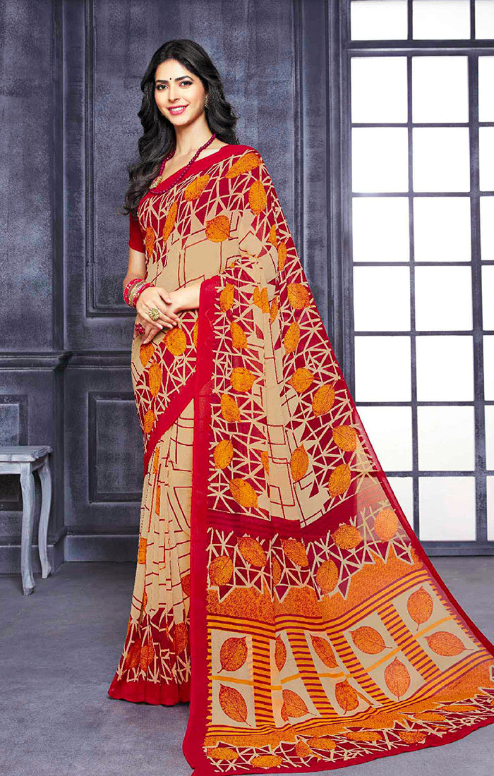 Stylish Beige and Red Printed Georgette Saree for Women | Elegant Casual Wear | Perfect for Parties, Weddings & Festive Occasions | D428