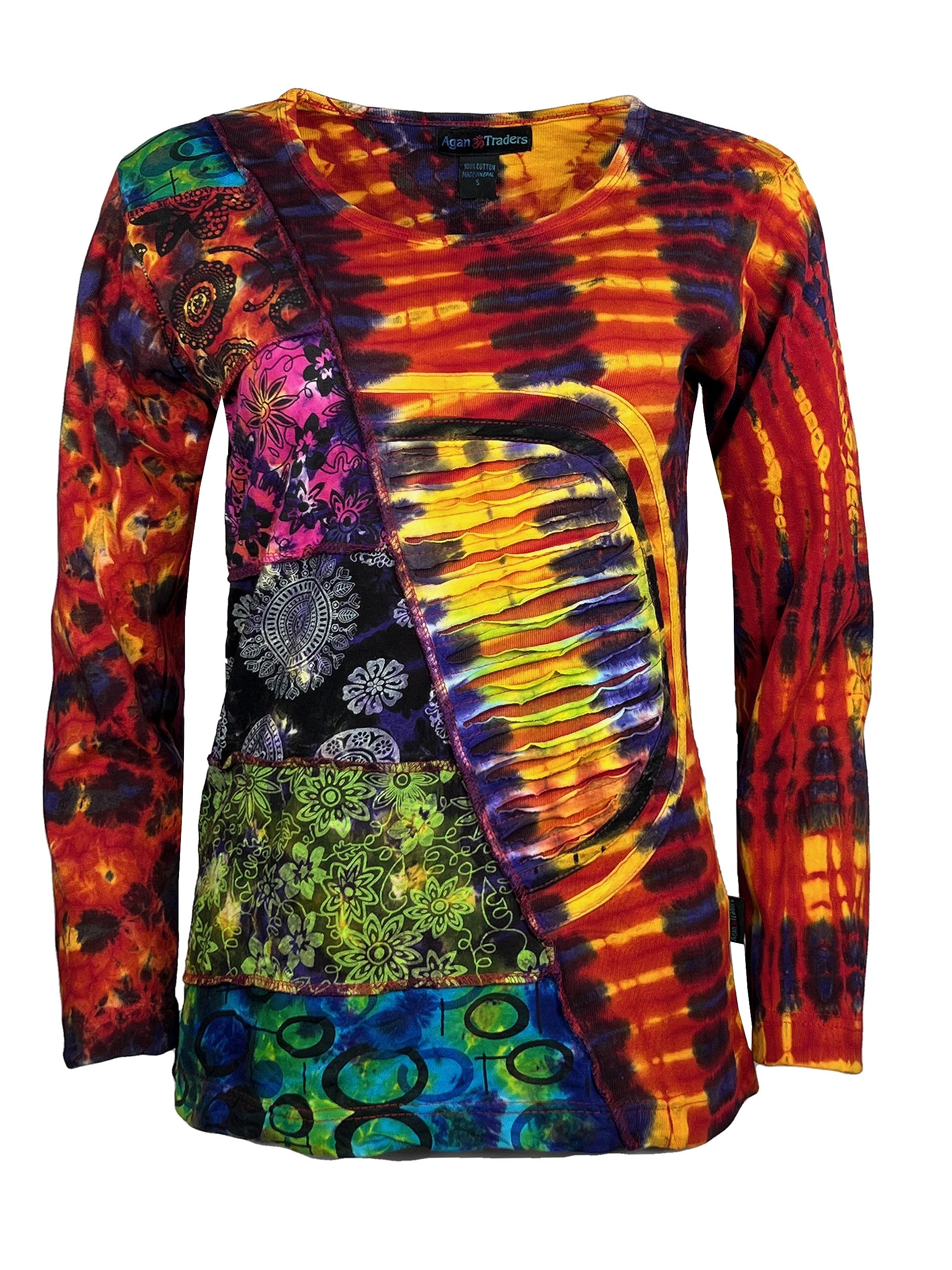 Agan Traders 2025 Spring Women's Bohemian Tie-Dye Knit Sweatshirt - Embroidered Long Sleeve Patchwork Razor Cut Blouse | Casual Wear, Festival Outfit, Street Style Fashion