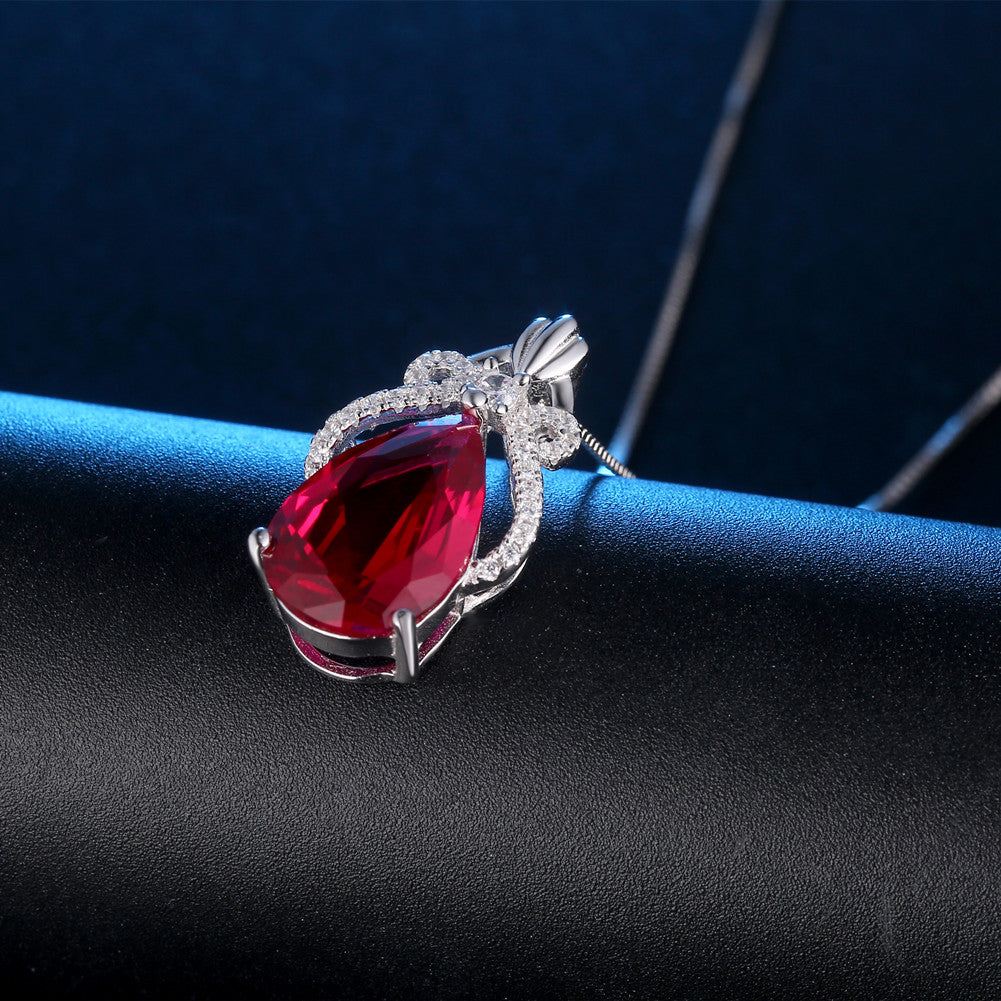 Simulated Teardrop Ruby Pendant Necklace - Sterling Silver Crown Jewelry for Women | July Birthstone Gift | Elegant Necklace for Birthday, Anniversary & Special Occasions