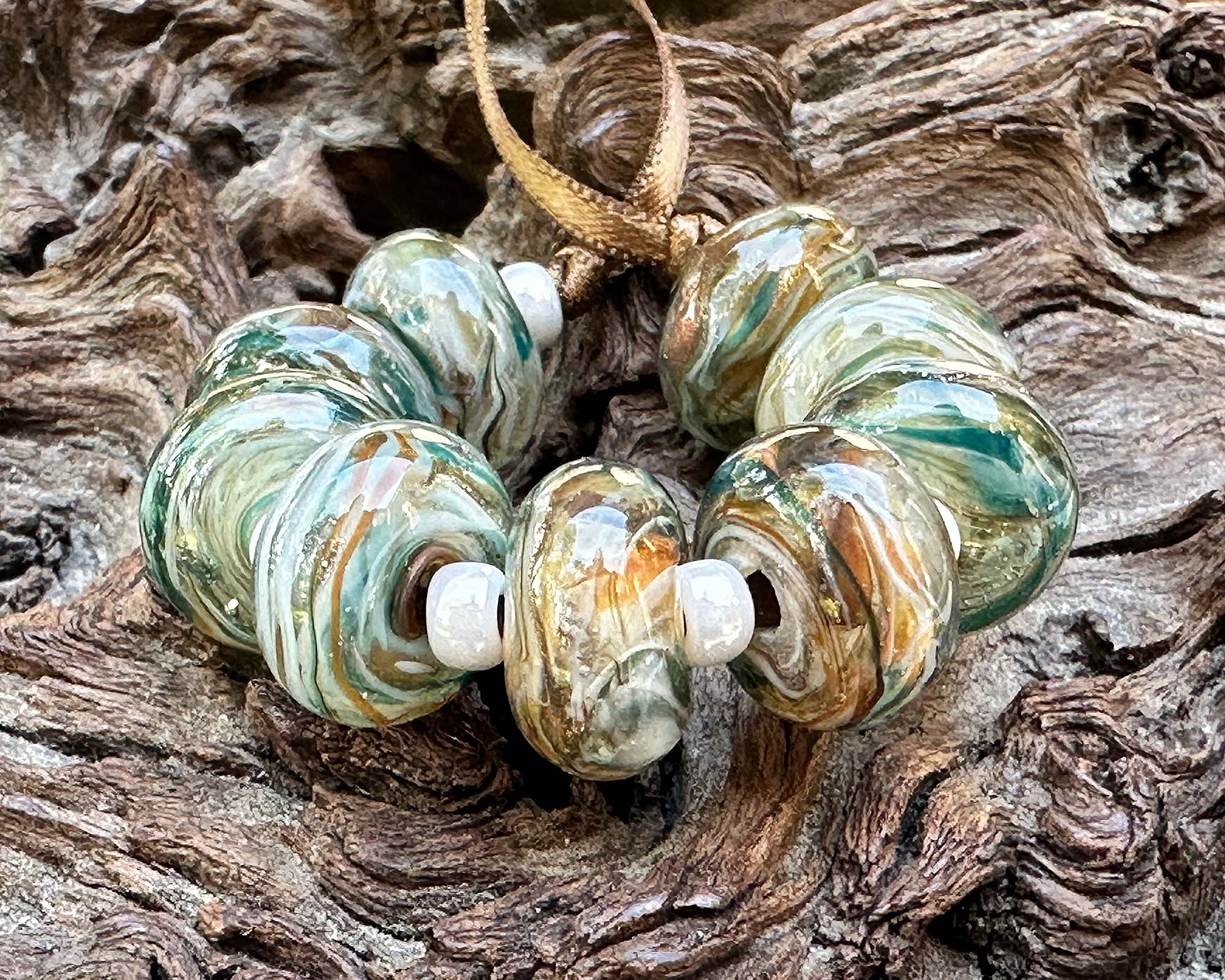 9pcs Mosswood Swirl Lampwork Glass Beads Set for Jewelry Making - DIY Bracelet, Necklace & Craft Projects - SRA Certified Handmade Beads