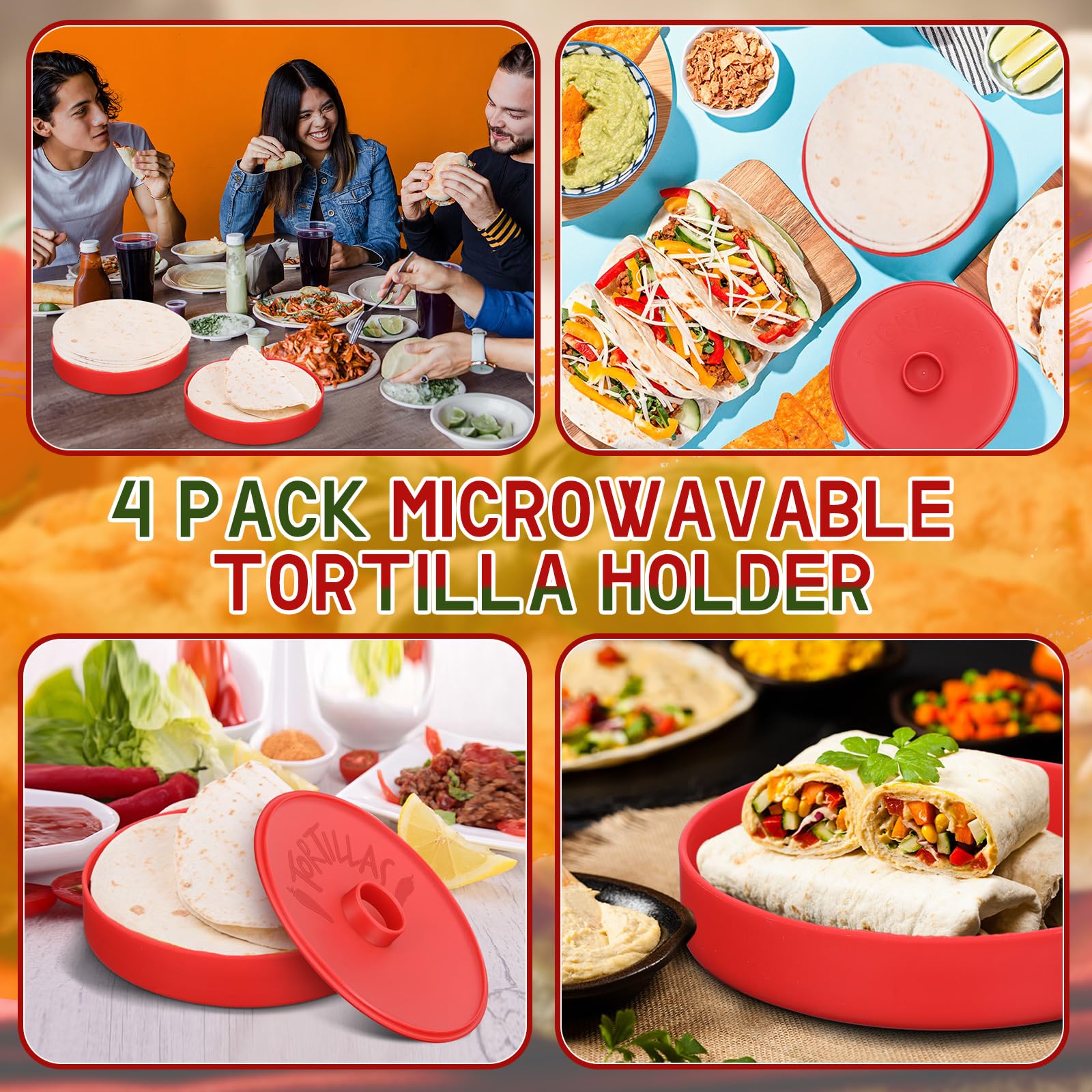 Nuogo 4-Pack 7.2 Inch Tortilla Warmers - Red Microwave & Dishwasher Safe Tortilla Storage Containers with Lids - Large Taco & Pancake Warmer for Keeping Food Warm - Perfect for Taco Nights, Breakfast Buffets & Meal Prep