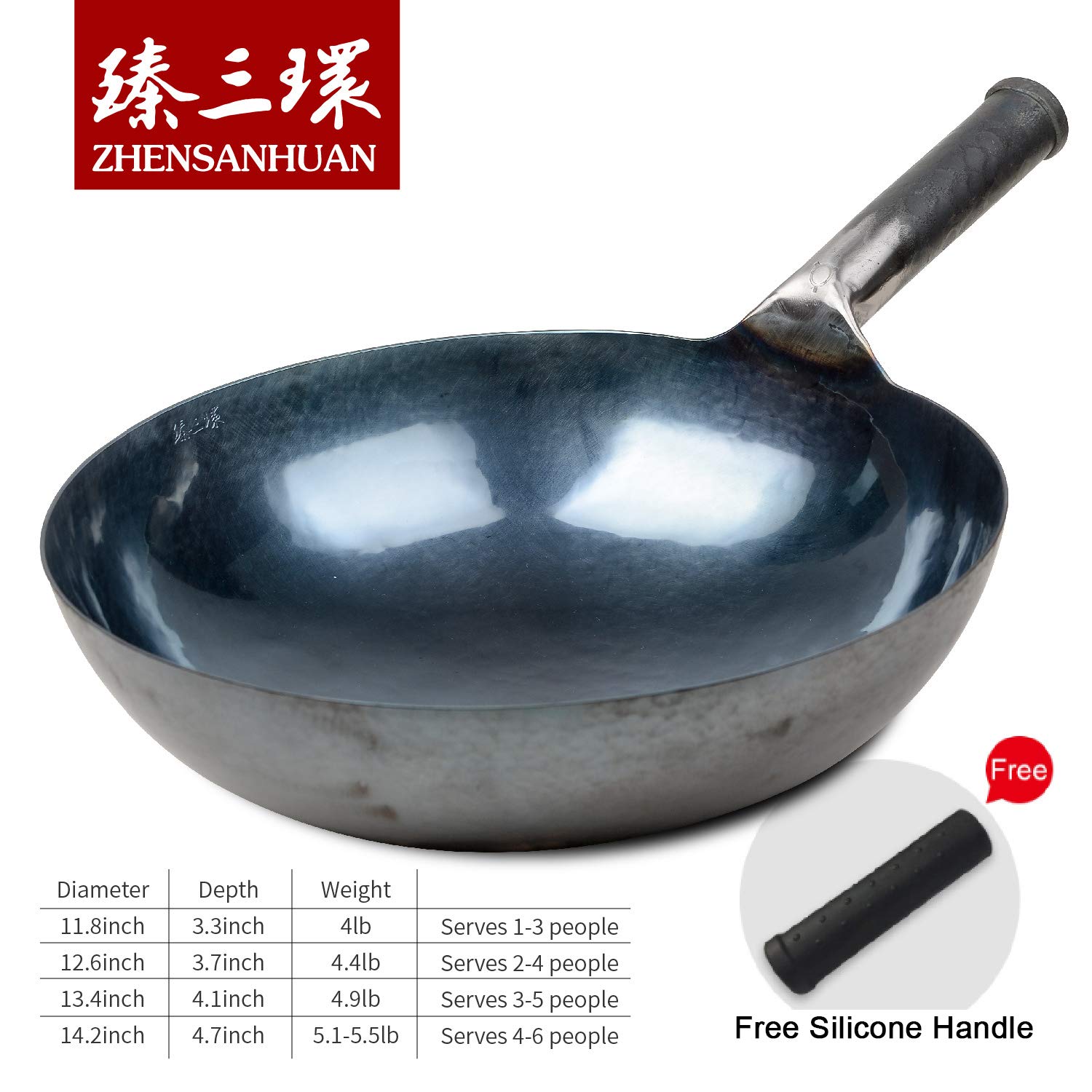 ZhenSanHuan 36cm Hand-Forged Carbon Steel Wok Pan - Traditional Chinese Hammered Iron Cookware - Blue-Black Seasoned with Helper Handle - Non-Stick, Coating-Free Stir Fry Pan - Perfect for Asian Cooking, Stir Frying & Home Kitchen Use