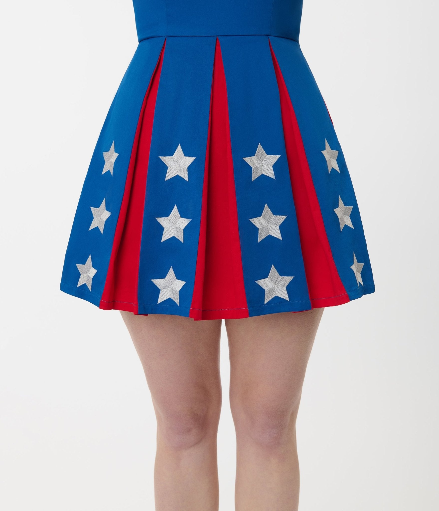 Smak Parlour Patriotic Star Pleated Skirted Romper - Red, White & Blue - Perfect for 4th of July, Summer Parties & Festive Outfits