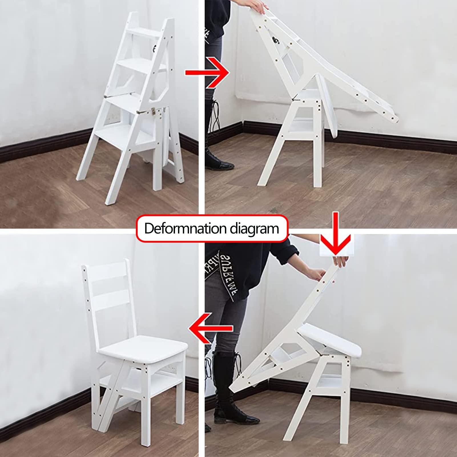 FADUNI Foldable Wooden Step Stool Ladder Chair, White 4-Step Stool with Non-Slip Feet - Perfect for Home Library, Kitchen, Bathroom & Kids' Room