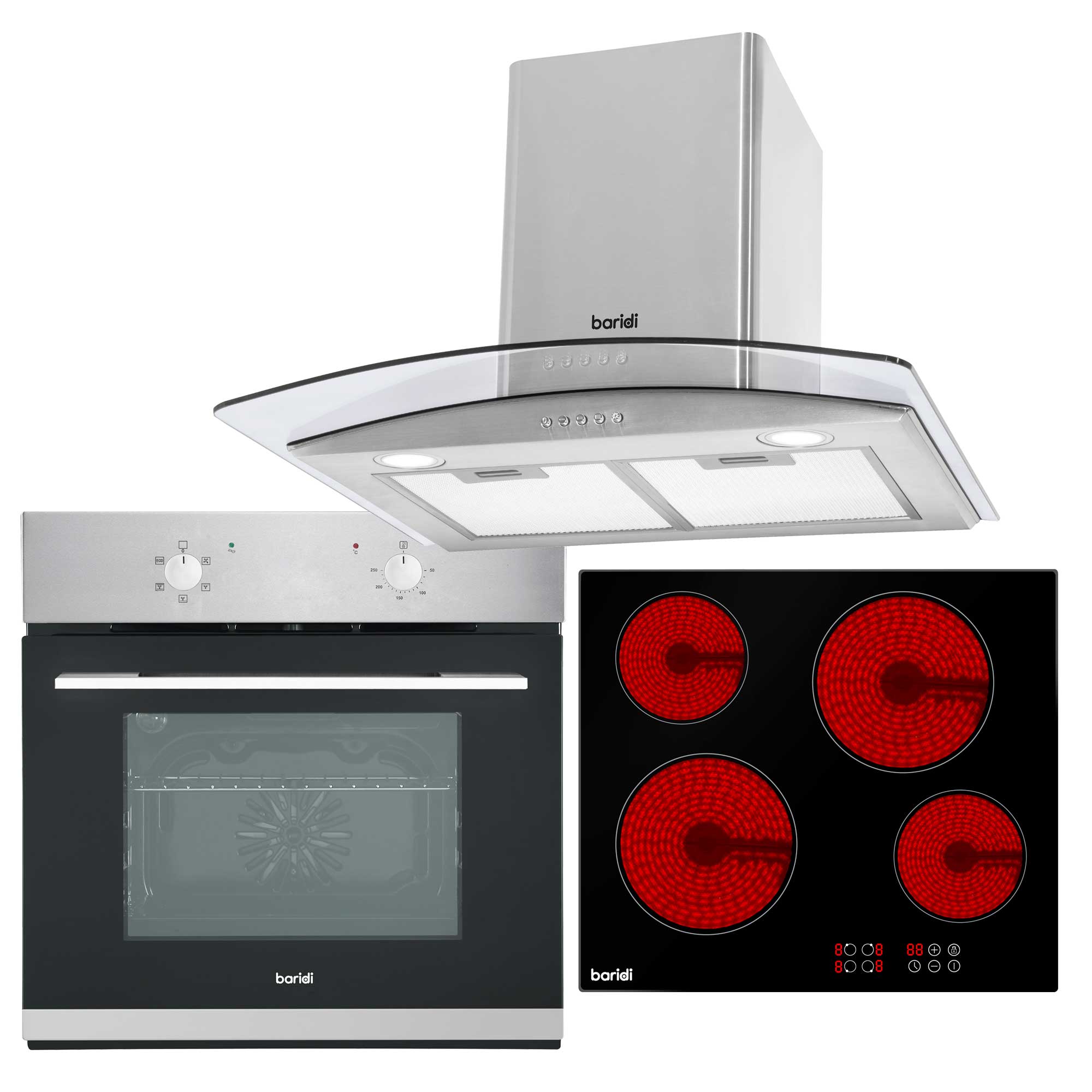 Baridi 4-Zone Ceramic Induction Cooktop with 5-Function Fan Assisted Oven & Curved Glass Range Hood Bundle DH187 - Perfect for Modern Kitchen Cooking & Baking
