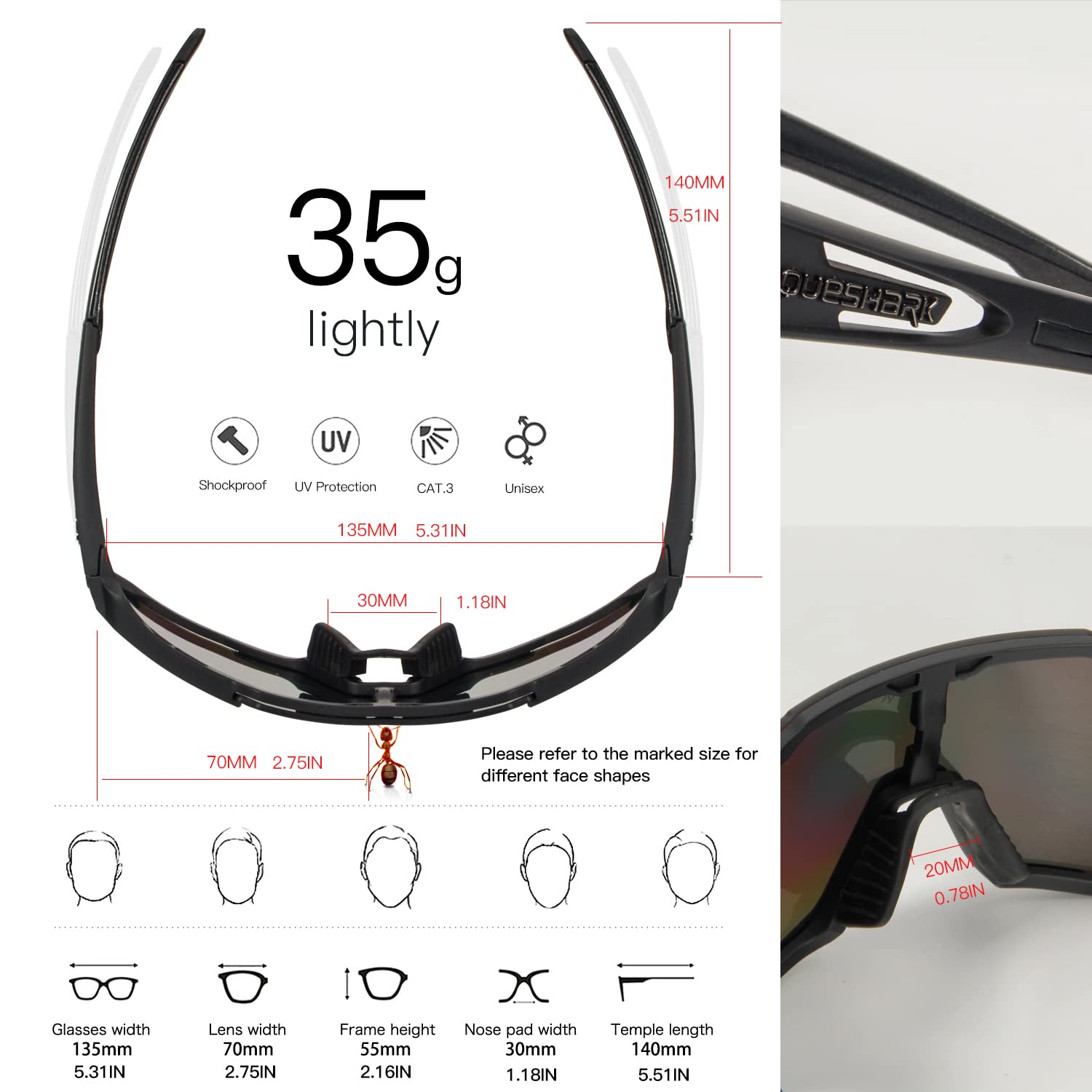 Queshark Polarized Cycling Glasses for Men & Women - UV Protection Sports Sunglasses with 1 Polarized & 2 HD Lenses - Ideal for Cycling, Running, Hiking & Outdoor Activities