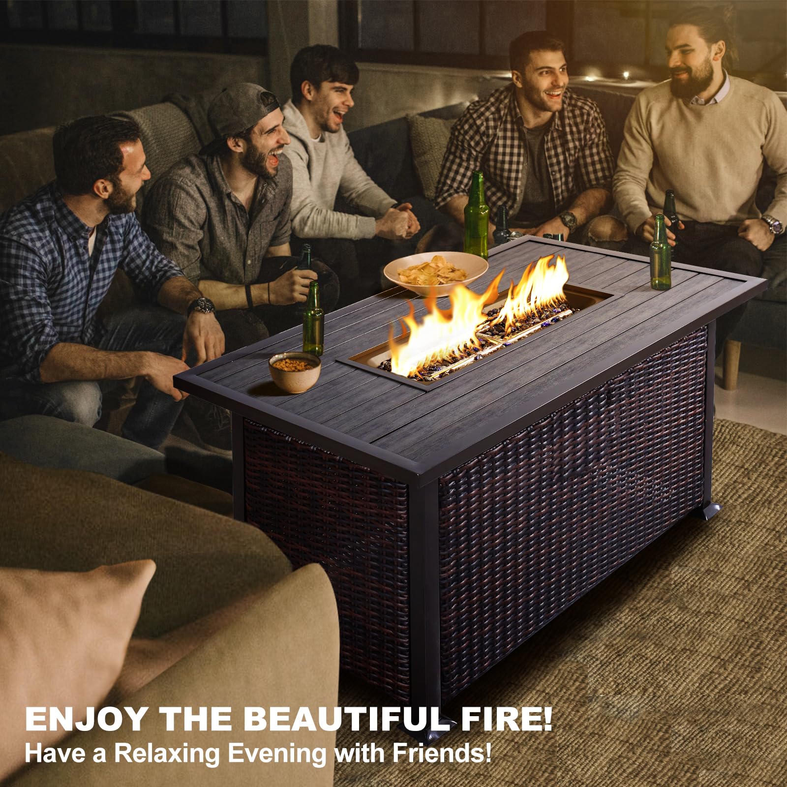 NOBLEMOOD 48 Inch CSA Certified Propane Fire Pit Table - 50,000 BTU Outdoor Gas Fire Pit with Glass Beads & Aluminum Table Top - Waterproof Cover Included - Perfect for Patio, Backyard, Garden & Poolside Gatherings