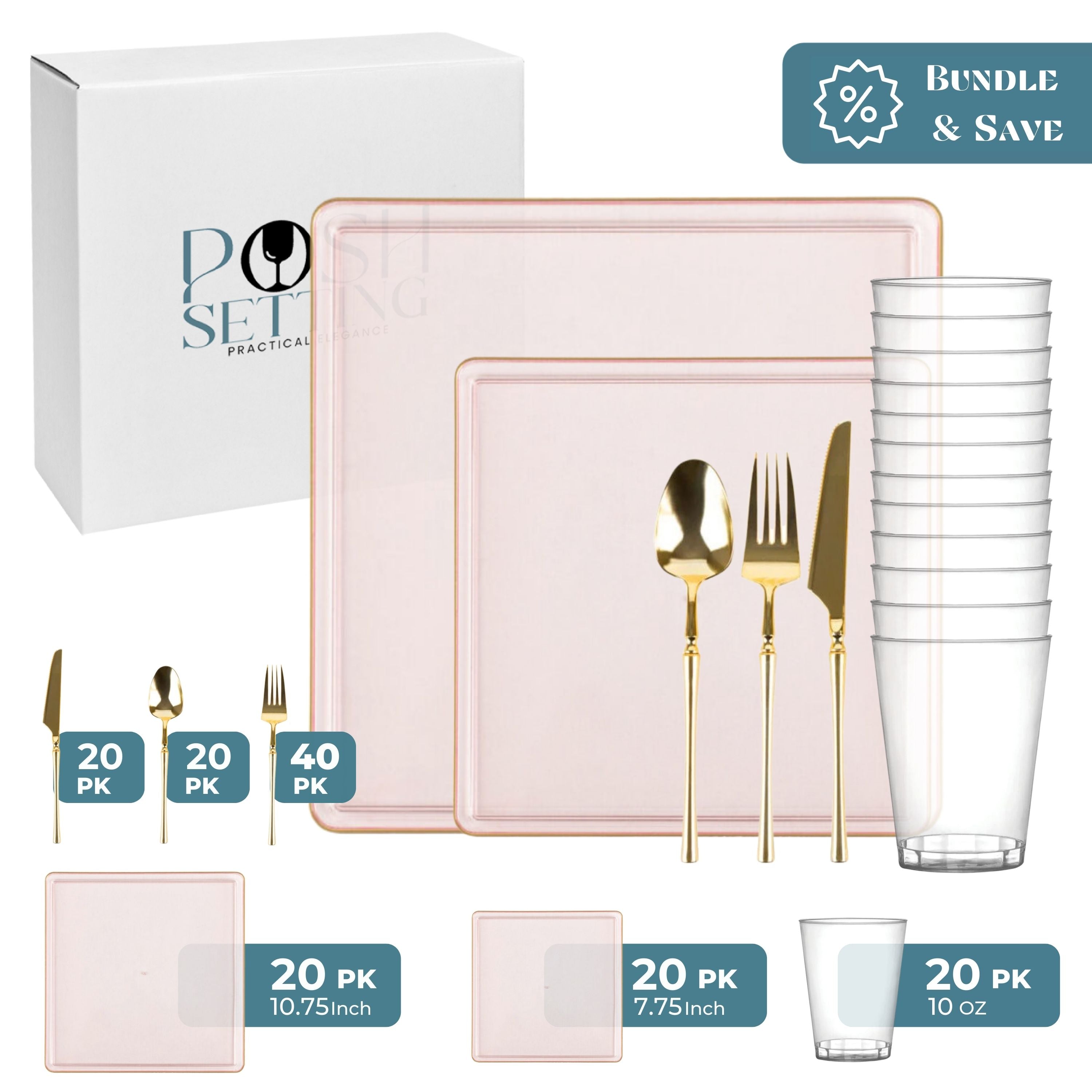 Pink and Gold Plastic Party Bundle - Square Edge Disposable Plates, Cups & Cutlery for Birthday, Wedding & Baby Shower Events