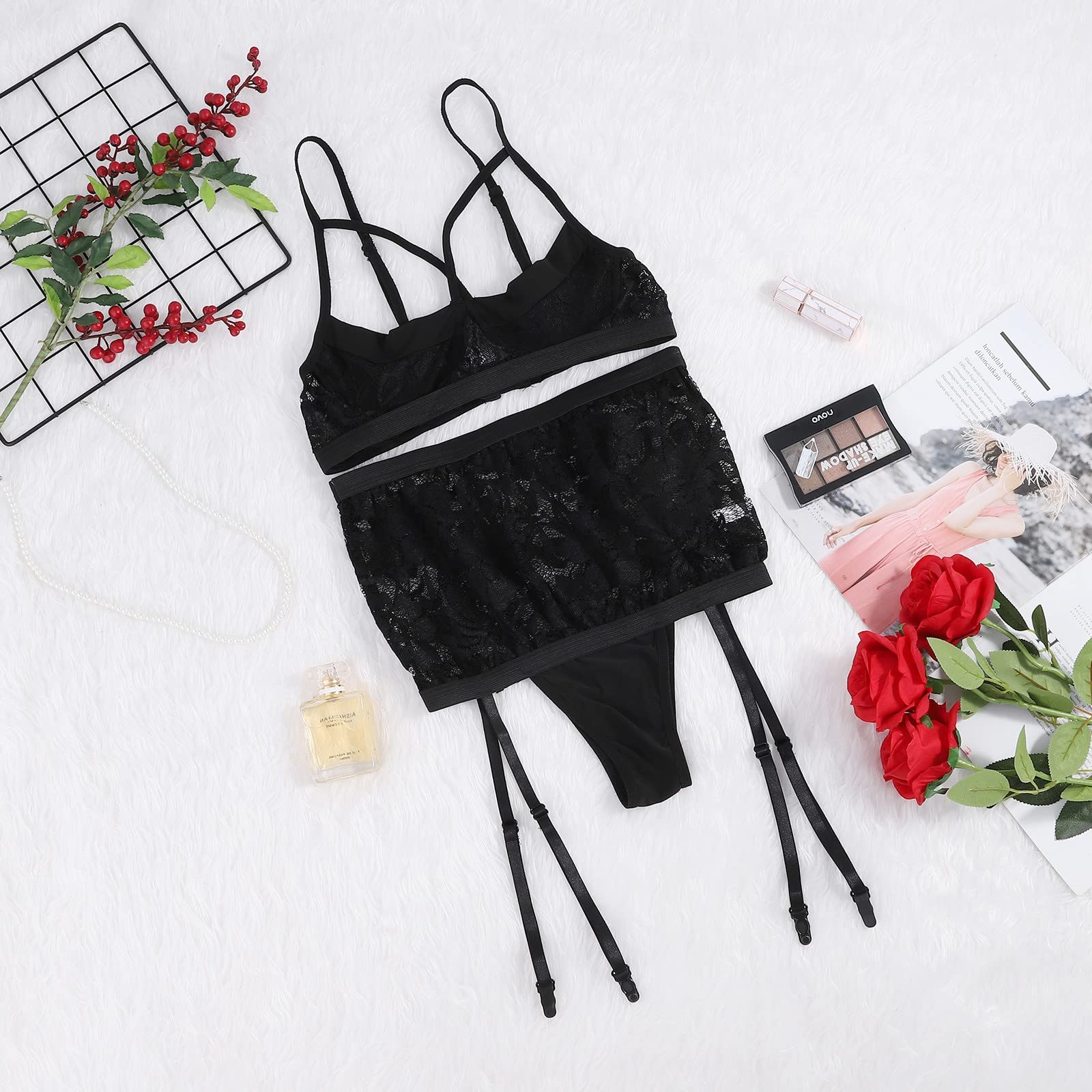 Plus Size Lingerie for Women - Sexy Mesh Teddy Bodysuit Corset with Garter, Black Sleepwear & Underwear | Perfect for Valentine's Day, Boudoir Photography & Romantic Nights